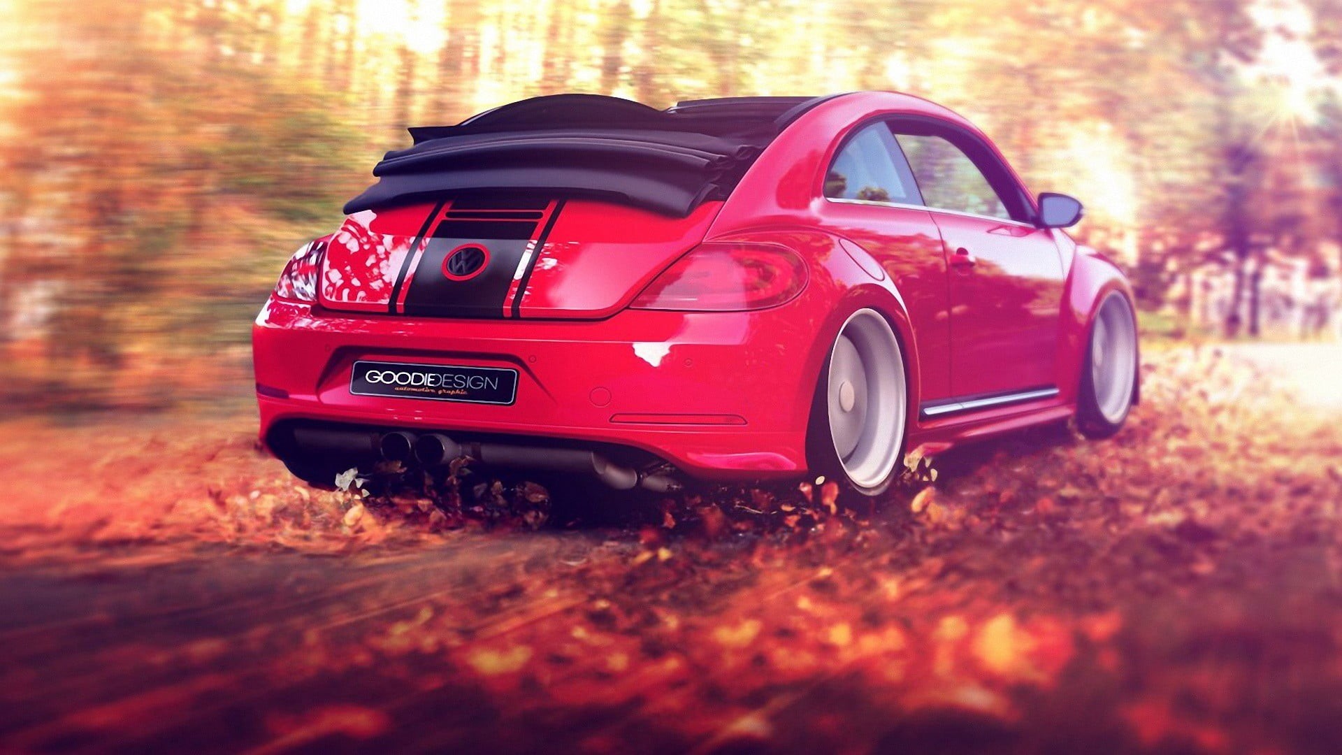 autumn, outdoors, childhood, Volkswagen, day, land, leaves, motion blur, toy car, red cars, coupe, land vehicle, car, toy, vehicle, retro styled, tree, HD Wallpaper