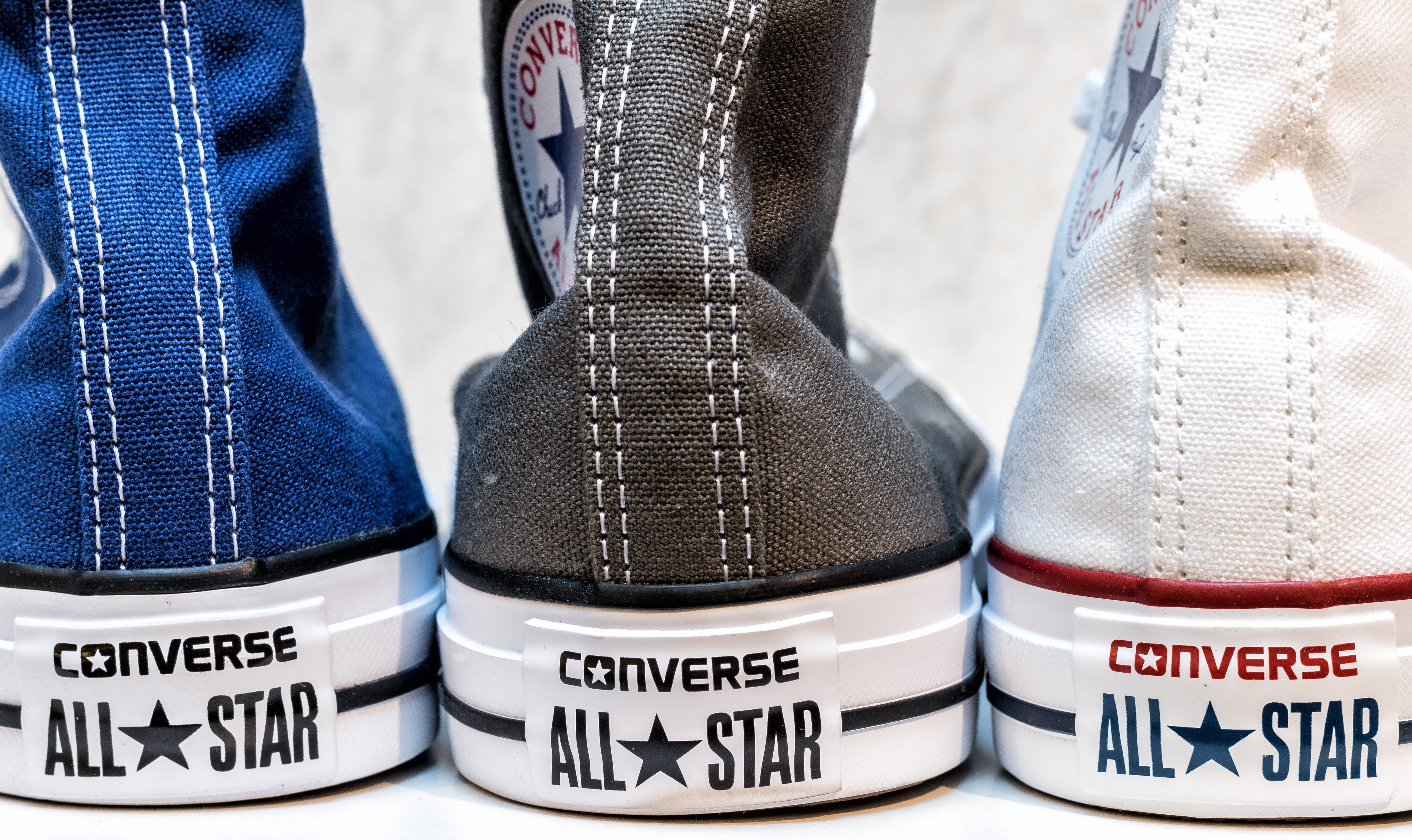 text, indoors, 5K, arts culture and entertainment, still life, leather, low section, close-up, in a row, three, blue, Converse All Star, western script, HD Wallpaper