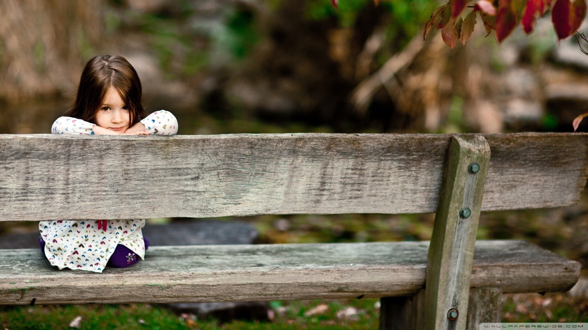 children, headshot, little girl, 1080P, brunette, hand, one person, smiling, baby, boundary, leaves, human face, portrait, fall, emotion, looking at camera, HD Wallpaper