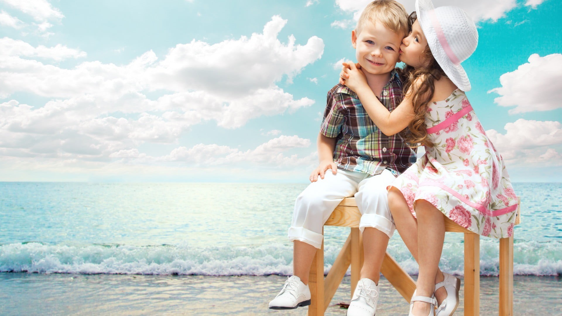child, girls, little girl, casual clothing, children, innocence, women, leisure activity, smiling, childhood, day, water, emotion, cloud - sky, sea, horizon over water, HD Wallpaper