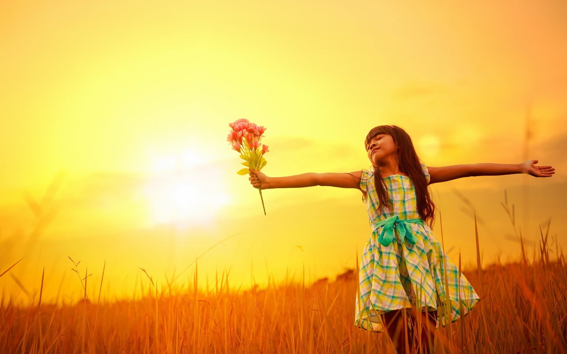 floral, yellow, arms outstretched, three quarter length, flower, 1080P, one person, outdoors, human arm, fashion, orange sky, sky, dress, brunette, flowers, HD Wallpaper