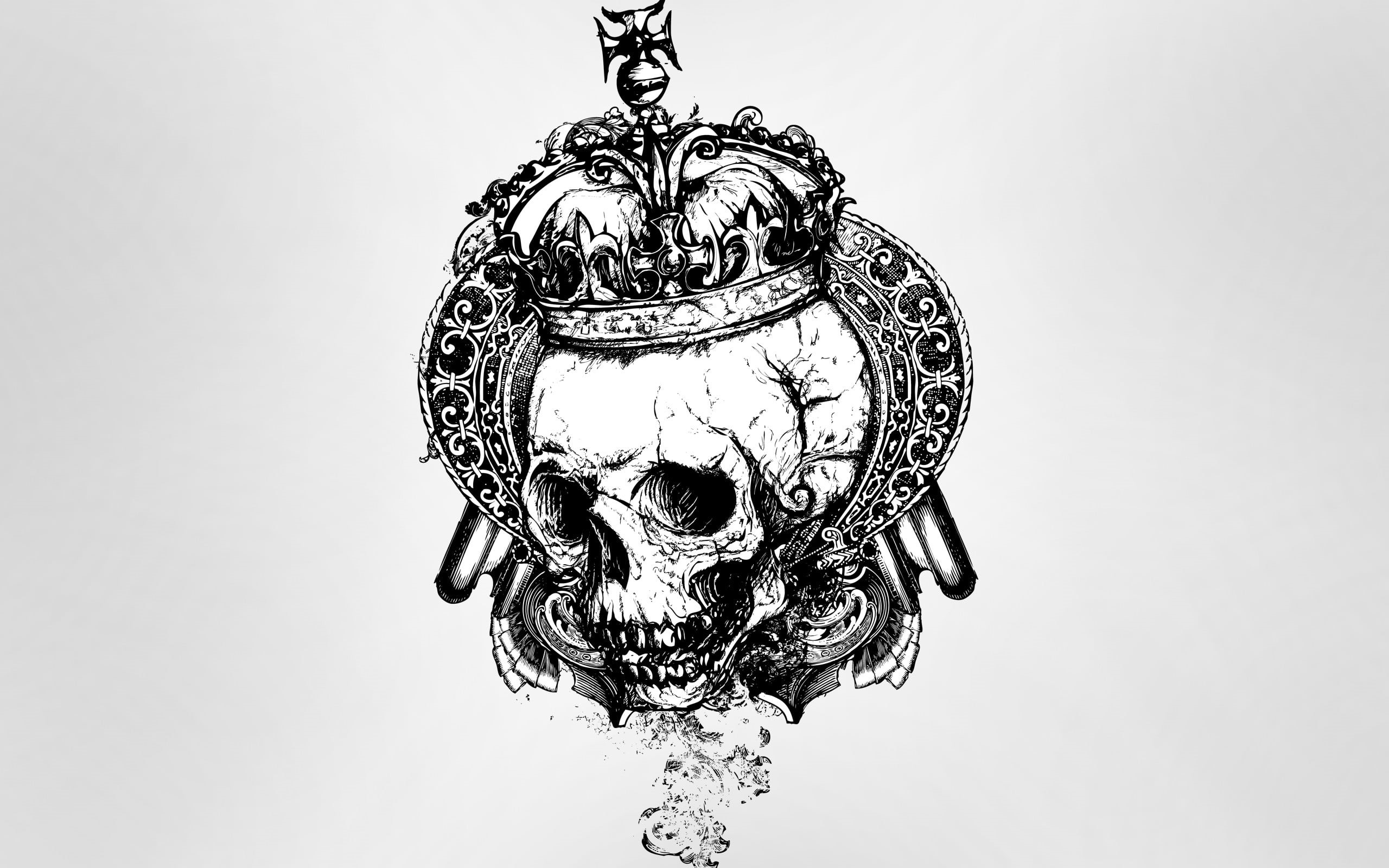 skull, illustration, ceiling, no people, low angle view, ornate, silver colored, hanging, single object, copy space, representation, studio shot, close-up, HD Wallpaper