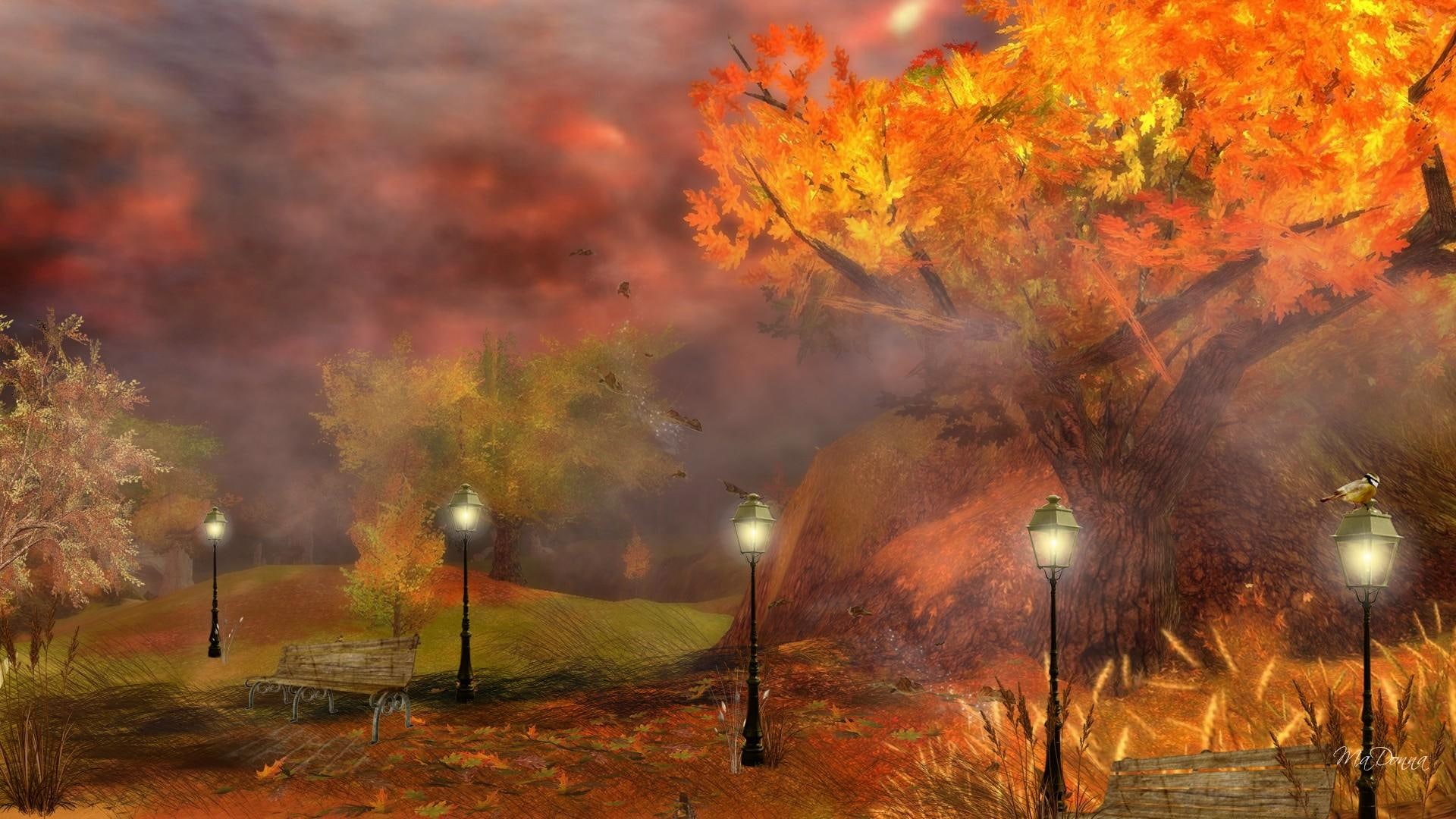 firefox persona, benches, autumn, evening, foggy, leaves, 3d and a, fall, fallen, lamp lights, 1080P, mist, ground, HD Wallpaper