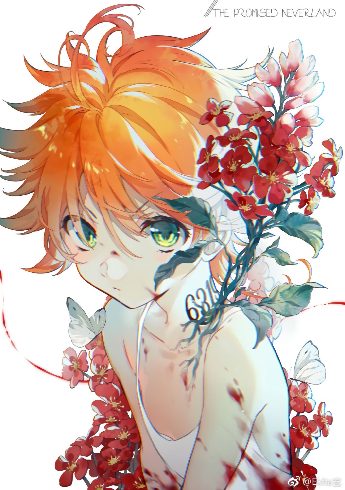 Yakusoku no neverland, 1080P, The promised neverland, green eyes, redhead, anime, flowers, anime girls, Emma (The Promised Neverland), Phone HD Wallpaper