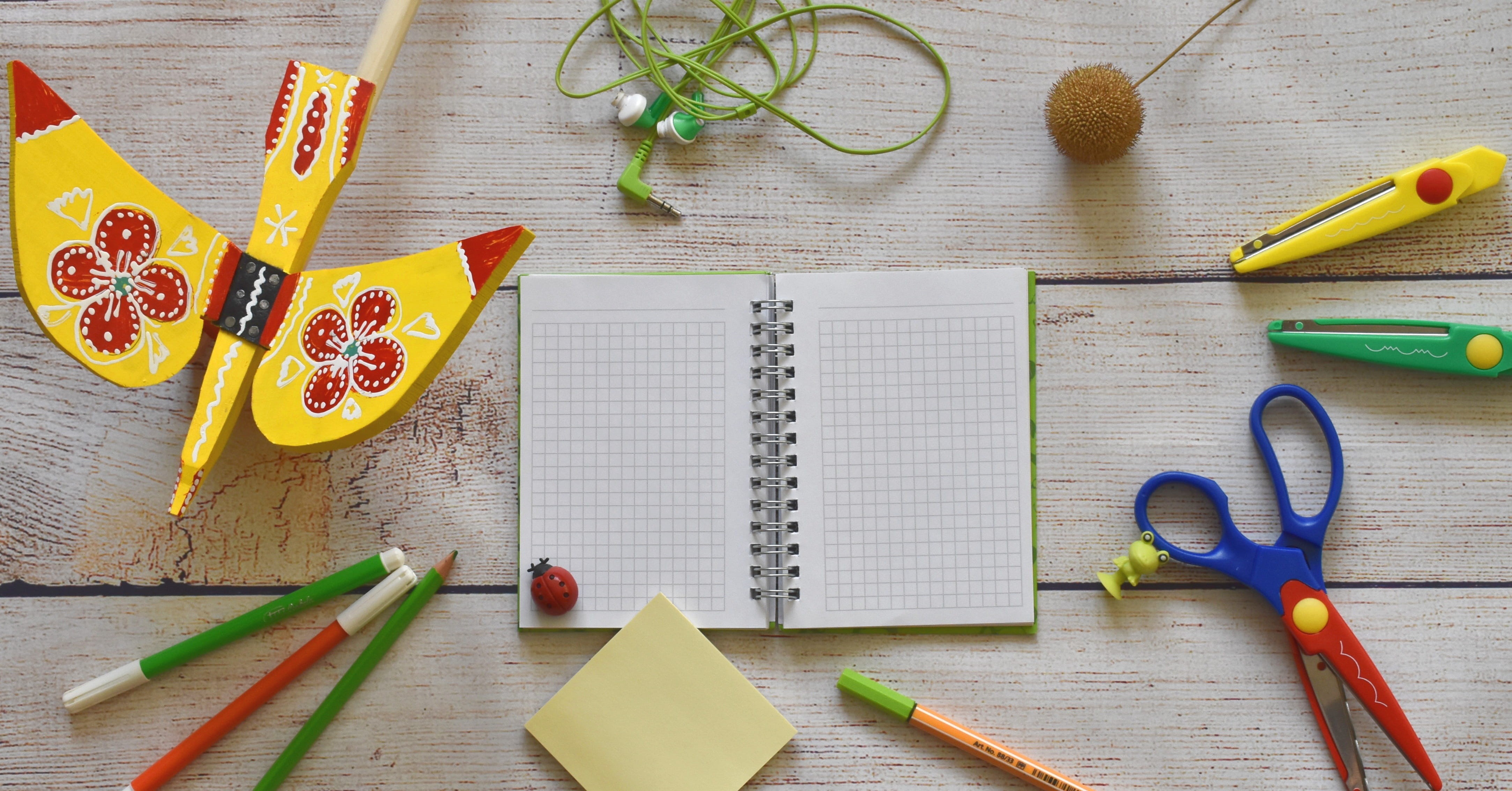 kindergarten, colored pencil, directly above, children, no people, pencil, september, multi colored, education, flat lay, autumn, flatlay, book, note pad, HD Wallpaper