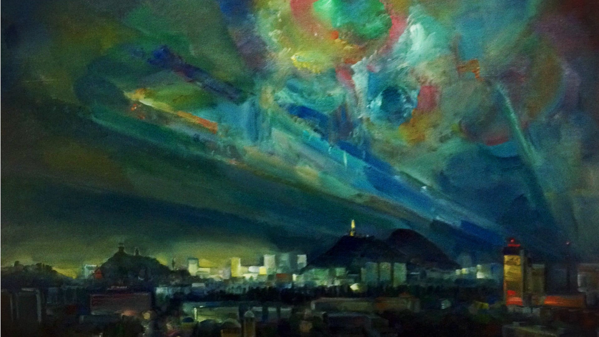 residential district, abstract, building exterior, painting, city, cloud - sky, dusk, Plovdiv, sky, outdoors, built structure, night, 1080P, multi colored, HD Wallpaper