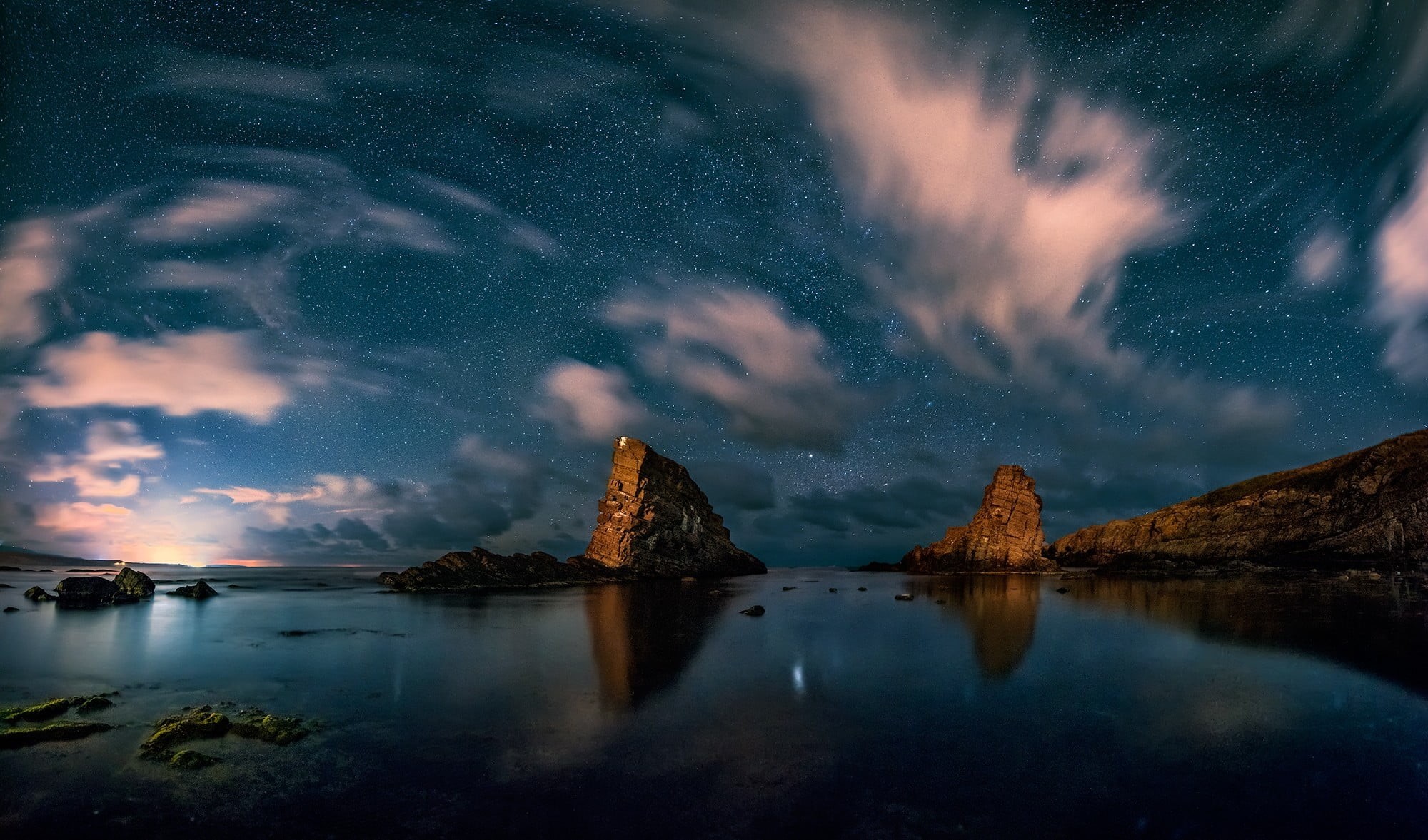 rock - object, rock, no people, tranquility, reflection, sea, 1080P, tranquil scene, scenics - nature, coast, water, astronomy, landscape, solid, cloud - sky, HD Wallpaper