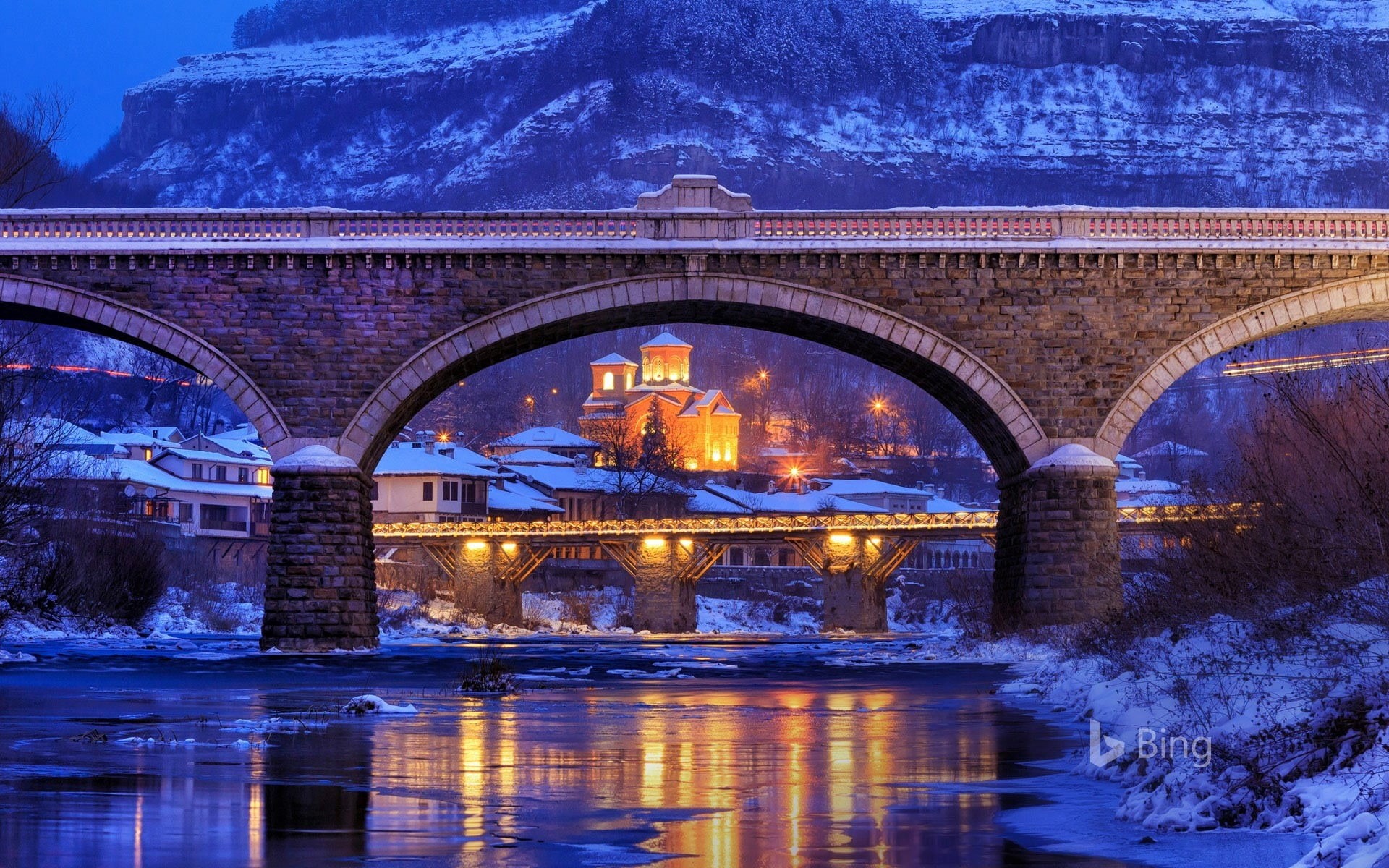 water, architecture, bridge - man made structure, reflection, desktop, building exterior, connection, river, dusk, bulgaria, cold temperature, city, illuminated, HD Wallpaper