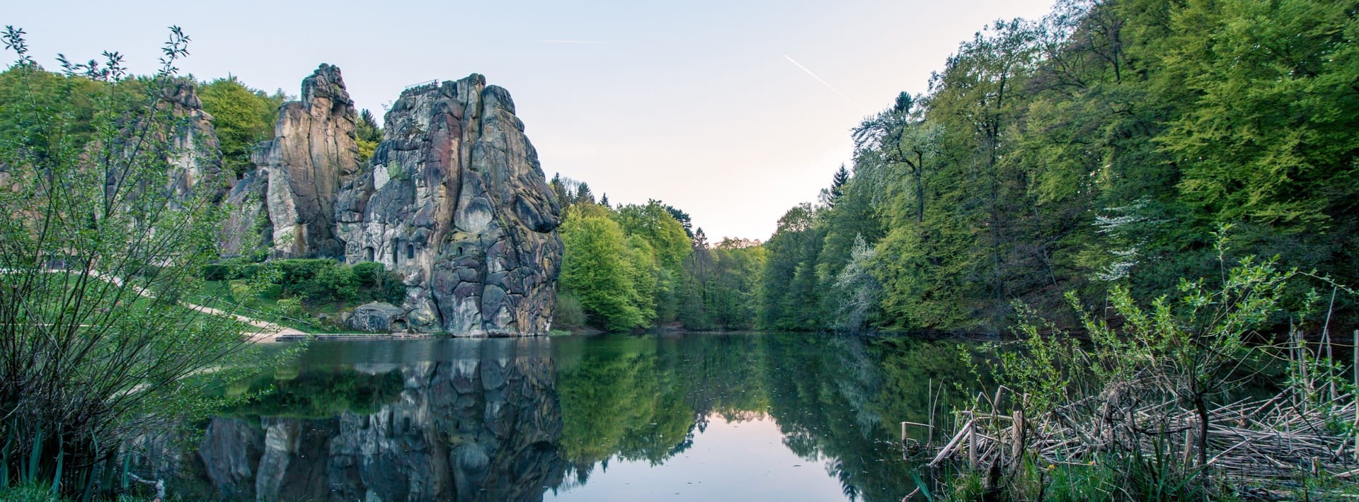 christian site, green color, sanctuary, land, stone, scenics - nature, monument, sandstone rocks, landscape, monuments, pine woodland, tree, externsteine, HD Wallpaper