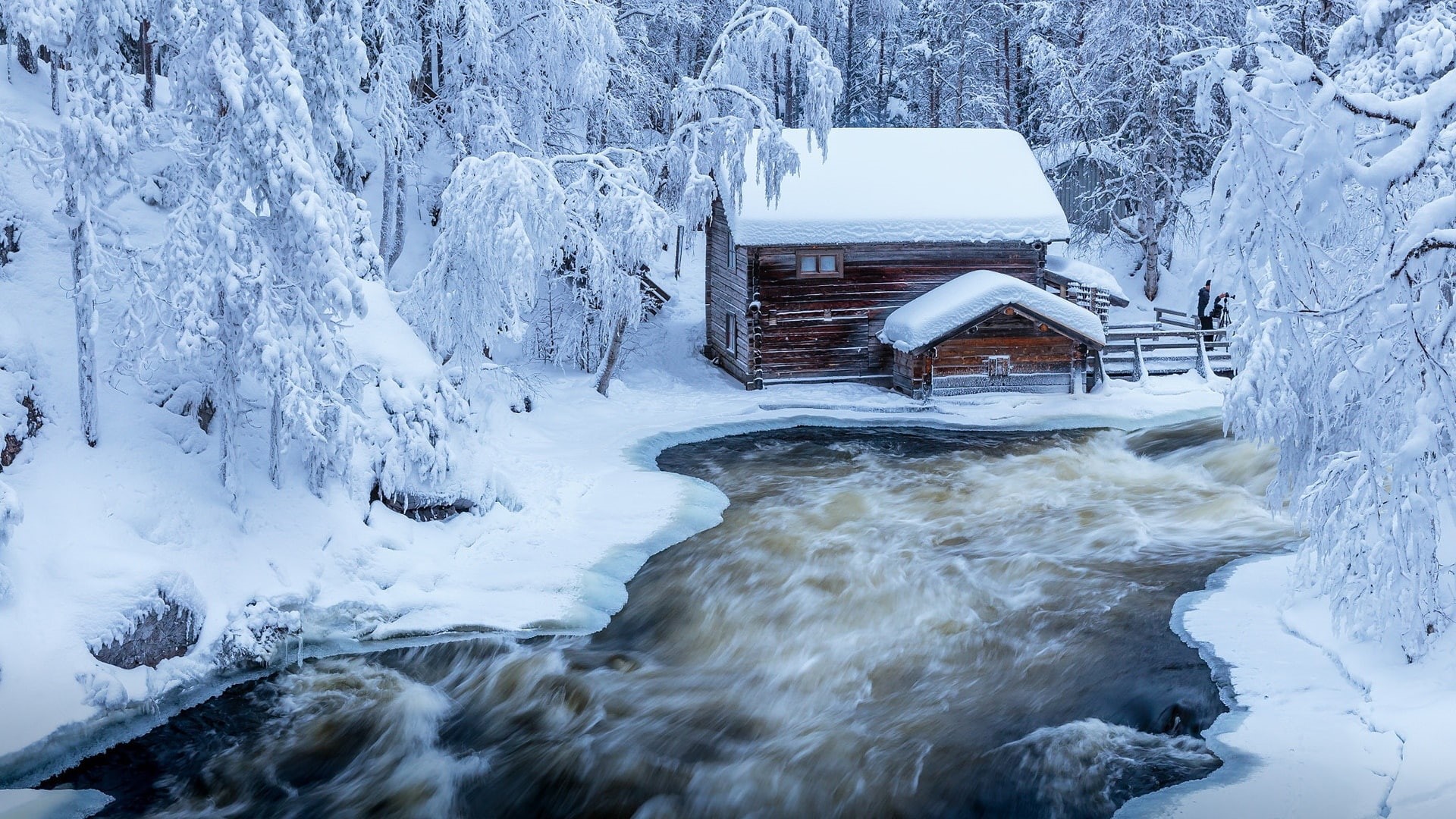 winter, snow, river, finland, kitkajoki river, stream, cabin, creek, natinal park, oulanka national park, zing, landscape, snowy, 1080P, ice, kitkanjoki river, HD Wallpaper