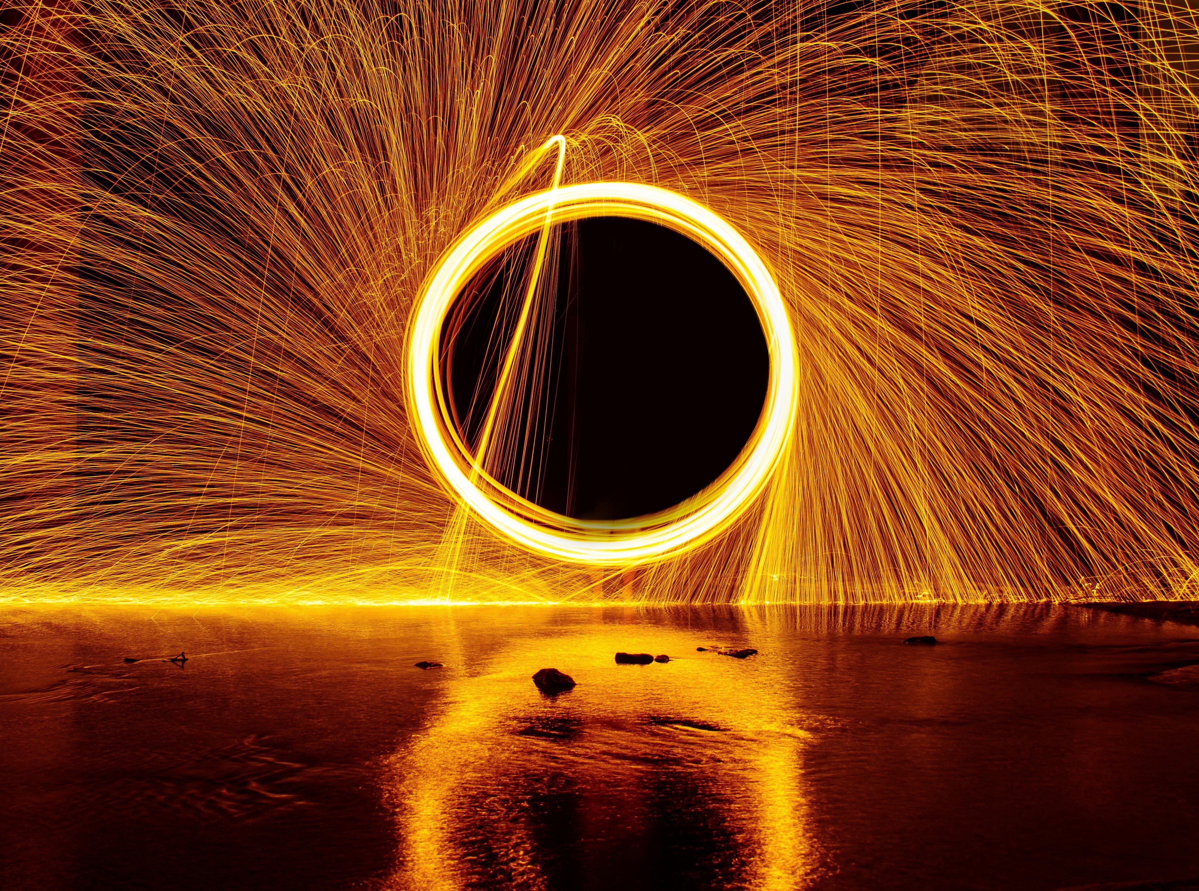 skill, Sparks, wool, wire wool, Texas, bullcreek, reflection, Water, burning, outdoors, nature, steelwool, lightpainting, long exposure, Creek, 4K, austin, HD Wallpaper