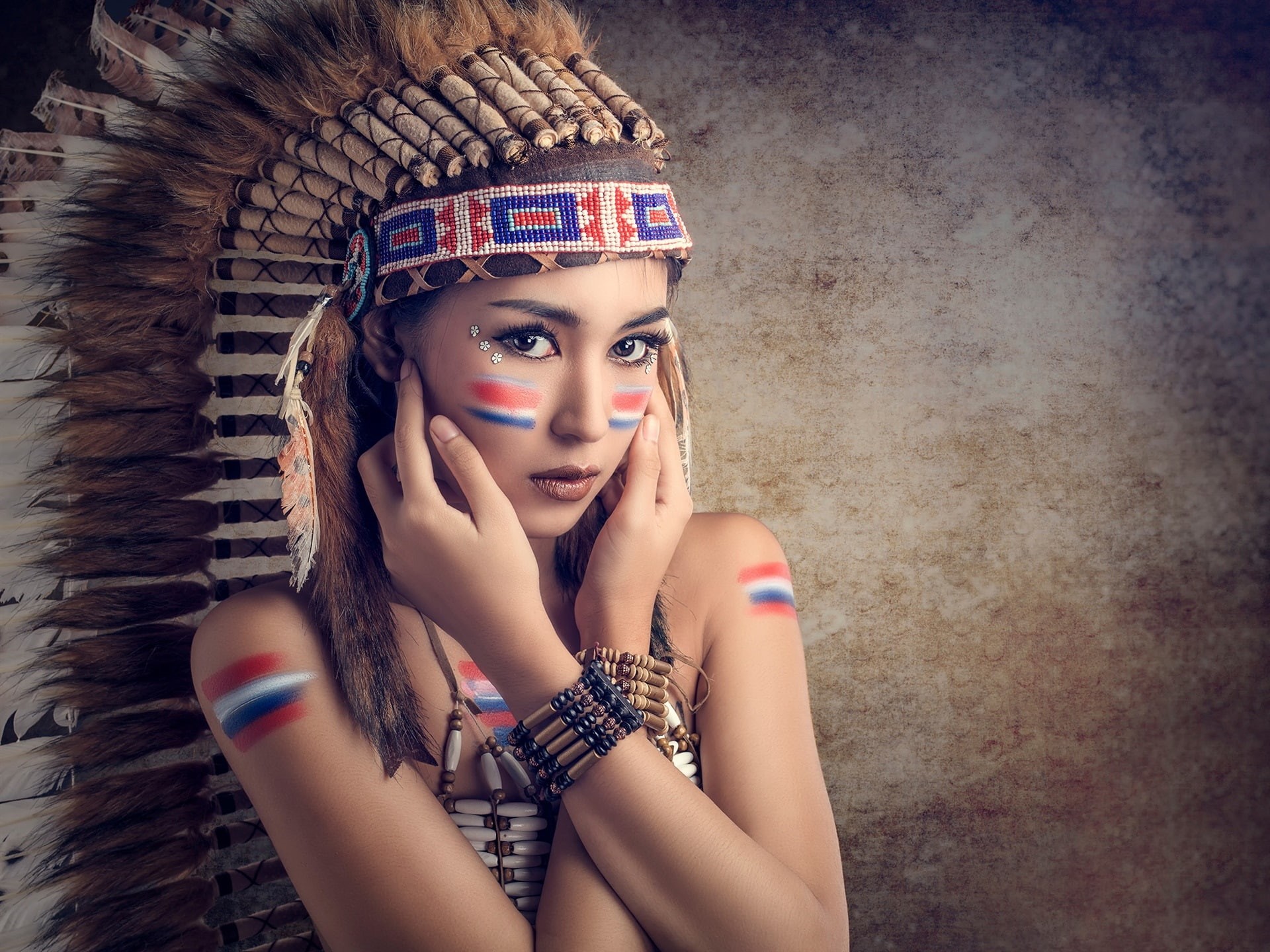Feathers, Saipan, Makeup, Cute, 1080P, Girl, Colorful, HD Wallpaper