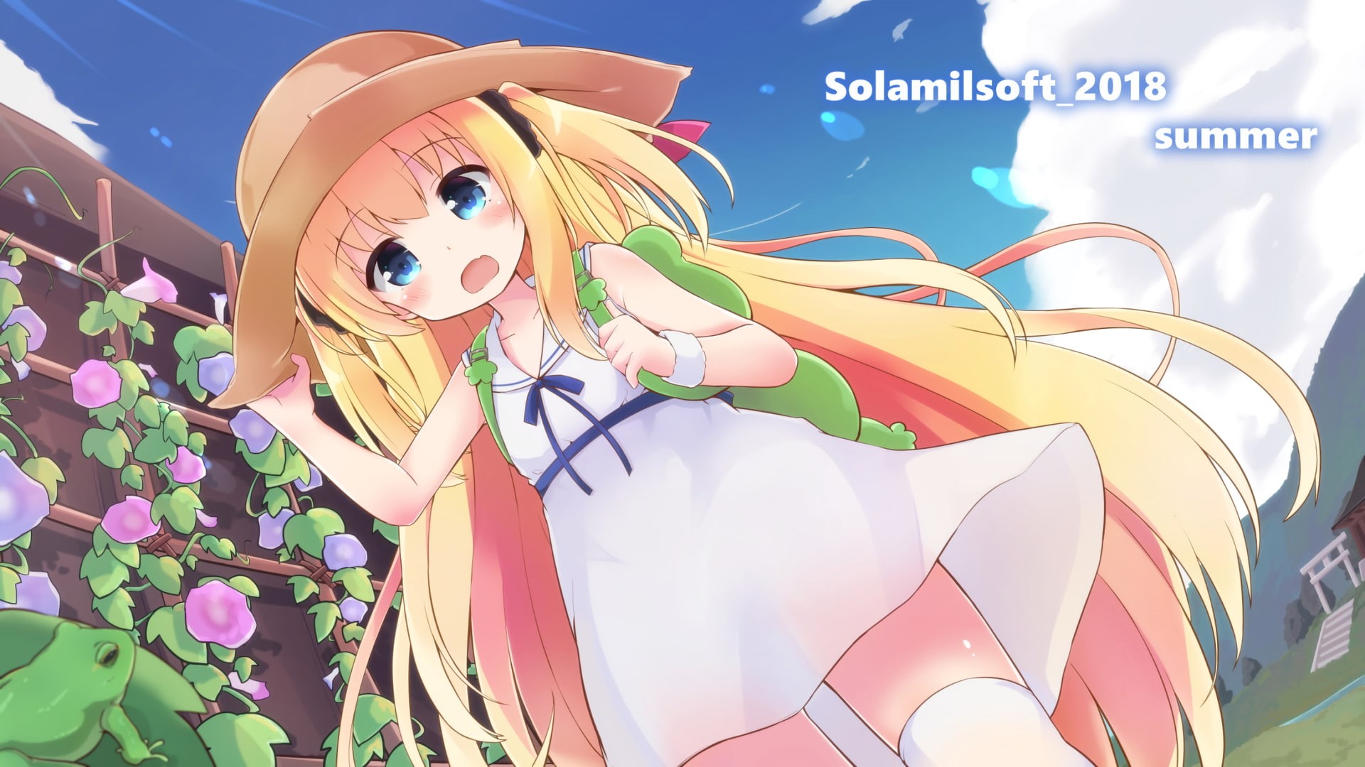 long hair, anime girls, blue eyes, white dress, blonde, loli, 1080P, straw hat, HD Wallpaper