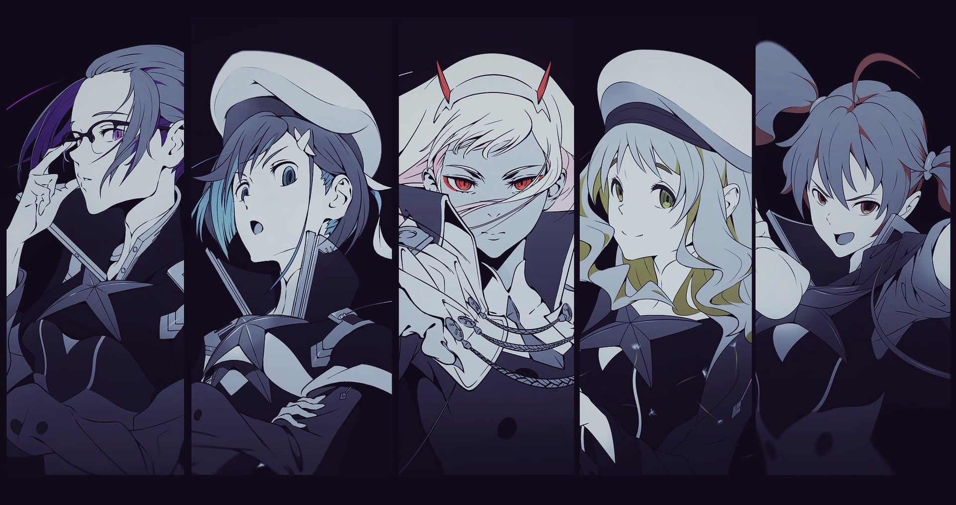 human representation, 1080P, anime girls, indoors, black background, side by side, still life, craft, no people, large group of objects, red eyes, mask, HD Wallpaper