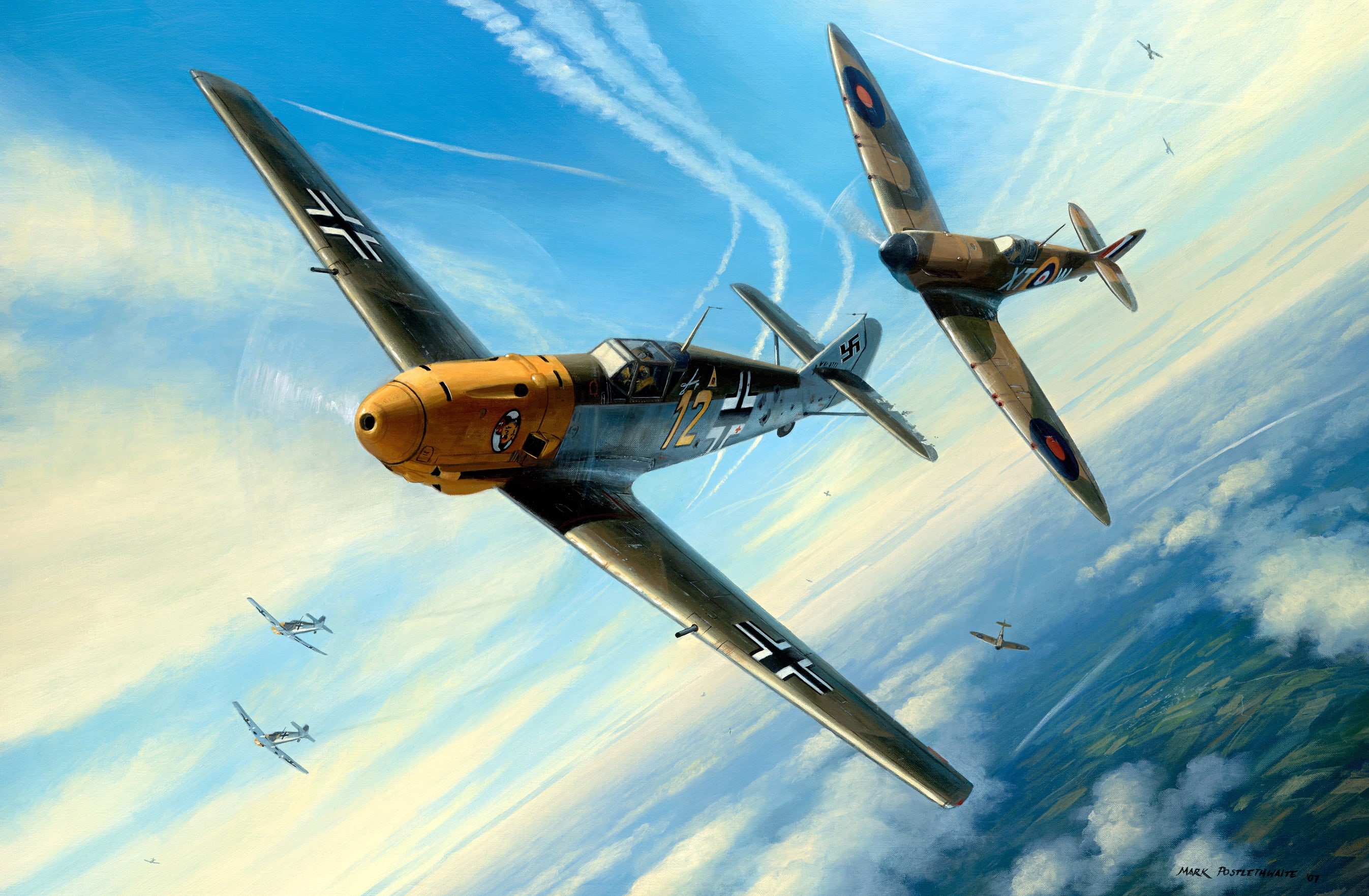 2K, Bf.109E-4, Spitfire Mk.I, Air force, Dogfight, Messerschmitt, Battle of Britain, Supermarine, figure, The second World war, RAF, HD Wallpaper