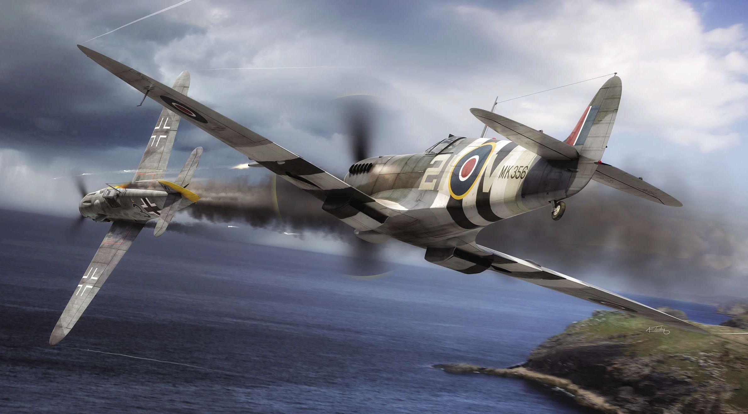 Bf.109G-6, Spitfire F.Mk.IX, WW2, Painting, Royal Air Force, Messerschmitt, Air force, 1080P, Dogfight, HD Wallpaper