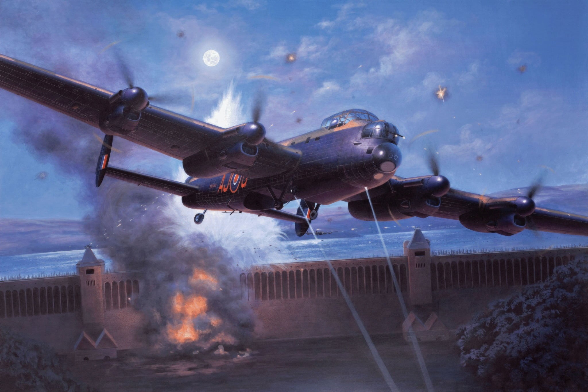 propeller, airplane, smoke - physical structure, fighter, aggression, bomber, day, Avro Lancaster, dambusters, motion, business, aerospace industry, mode of transportation, HD Wallpaper