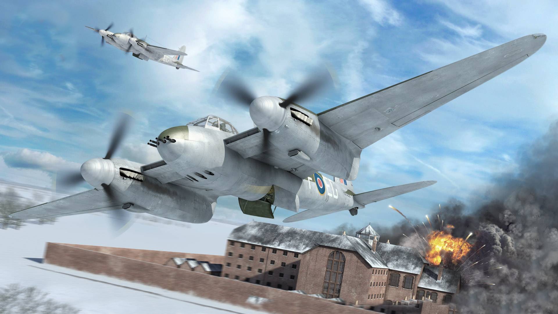 fire, British multi-purpose bomber, aerospace industry, outdoors, castle, aggression, military, conflict, transportation, graphic, De Havilland Mosquito, HD Wallpaper