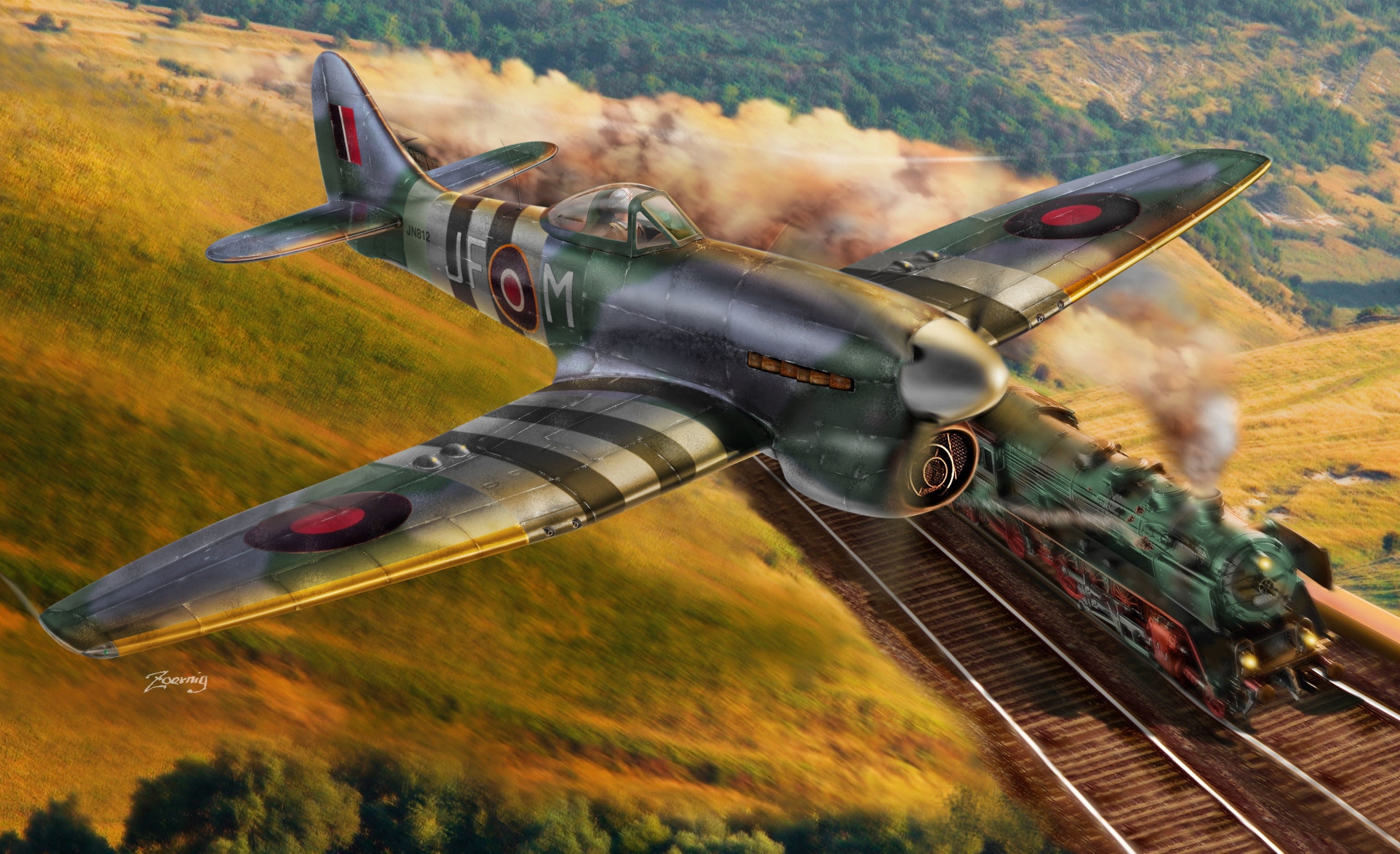 the sky, airplane, motion, land rails, art, aerospace industry, fighter bomber, outdoors, fighter plane, the train rushes, battle, during the second world war, HD Wallpaper