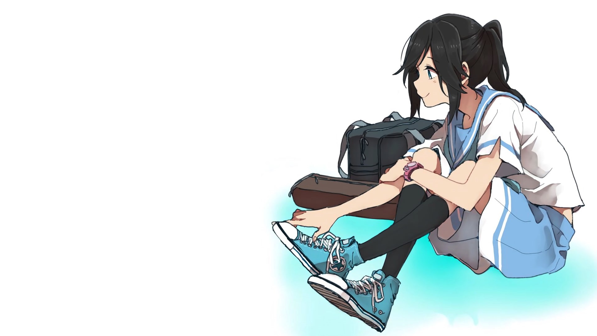 manga, sneakers, anime girls, simple background, 1080P, schoolgirl, minimalism, Converse, sailor uniform, anime, HD Wallpaper