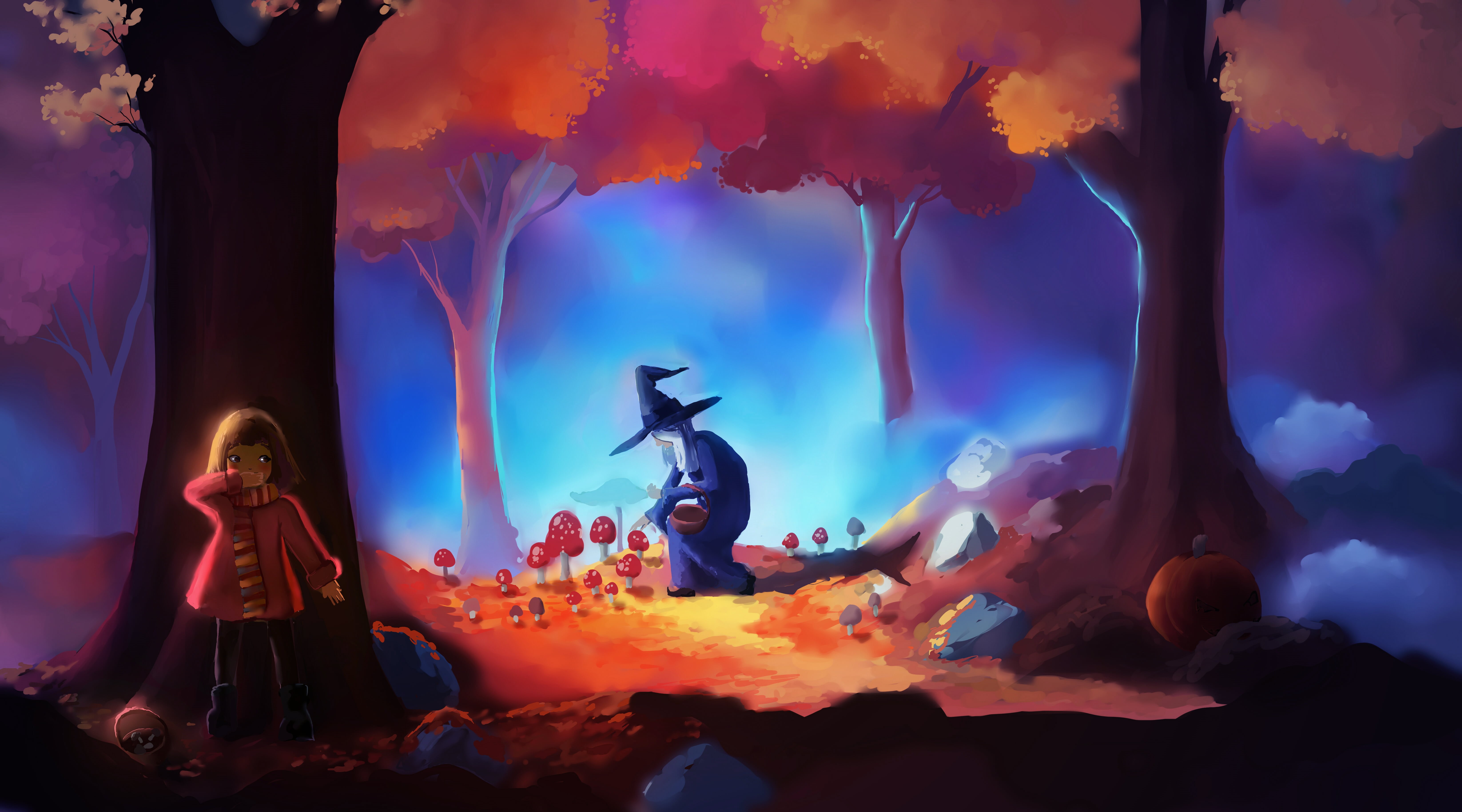 witch, Chibionpu, 5K, forest, mushroom, children, pumpkin, baskets, HD Wallpaper