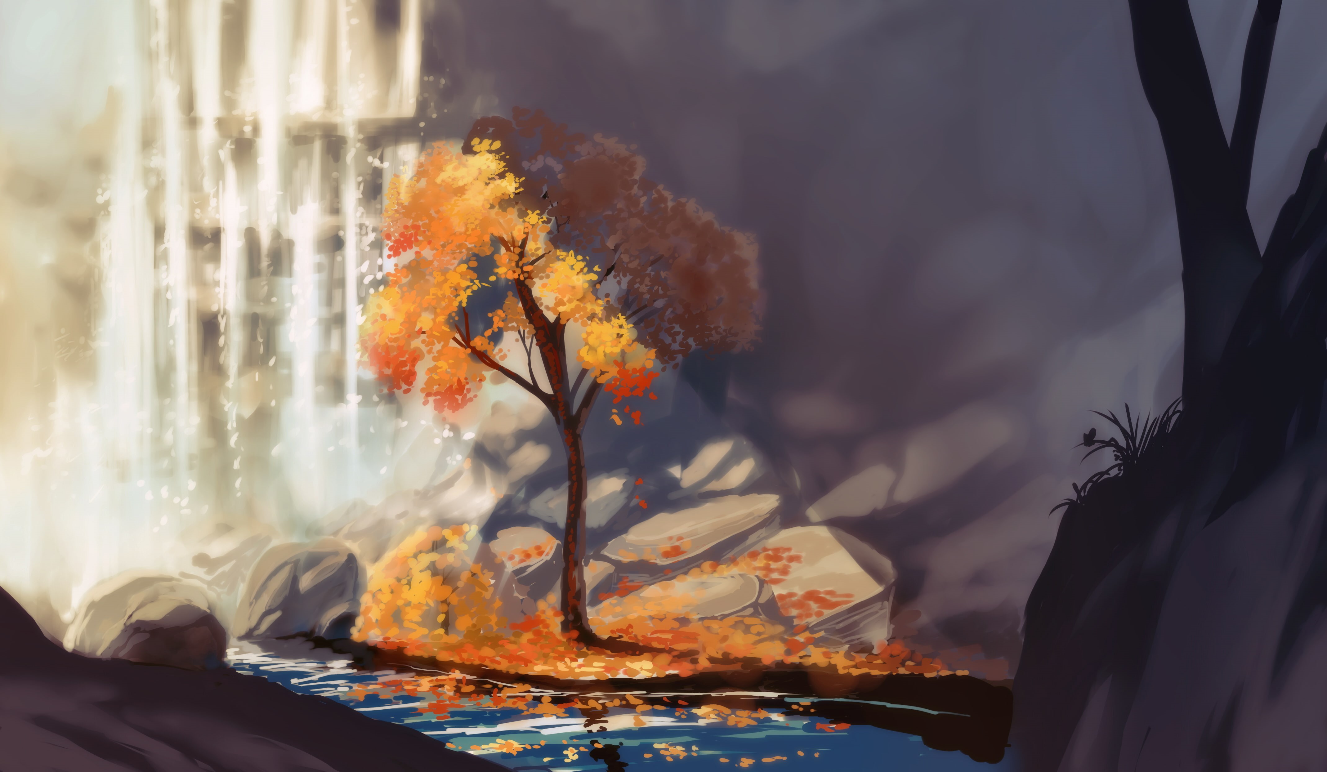 light, art, 4K, tree, waterfall, river, Chibionpu, stones, autumn, HD Wallpaper