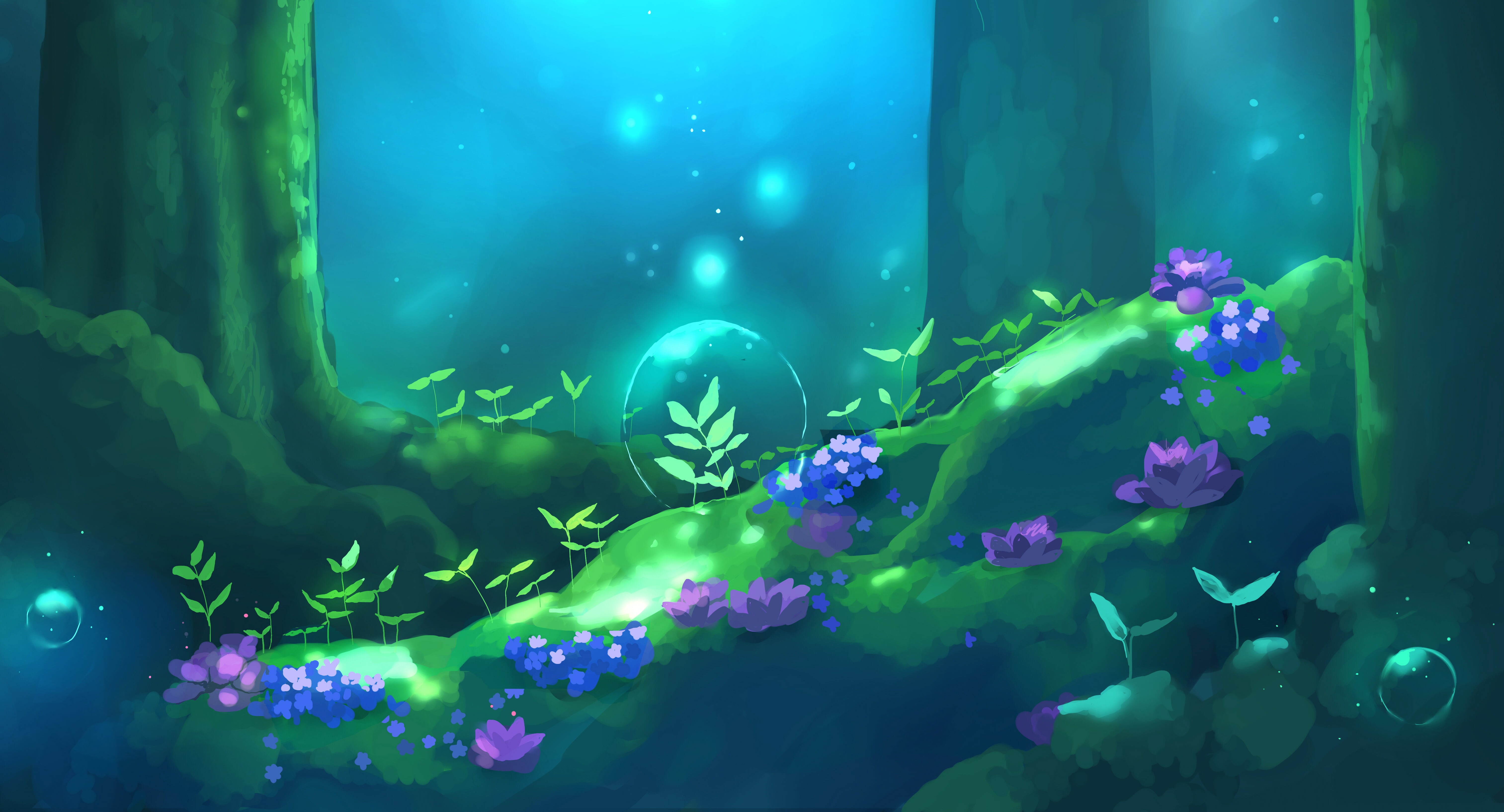 digital art, water drops, Chibionpu, bokeh, moss, forest, flowers, 5K, HD Wallpaper