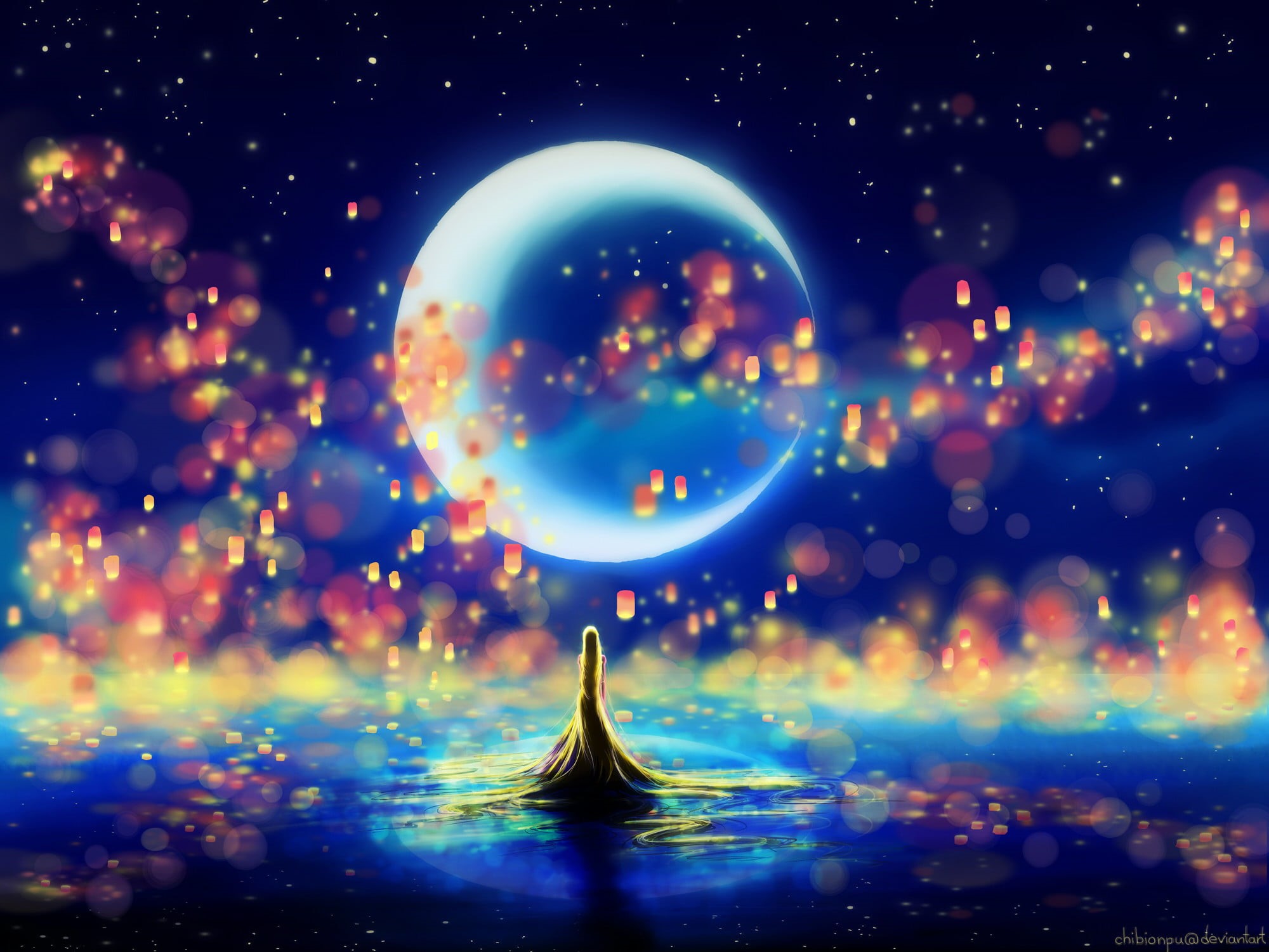 digital composite, illuminated, sky, sea, transparent, moon, space, shiny, geometric shape, illustration, lanterns, blue, multi Colored, 1080P, sphere, HD Wallpaper
