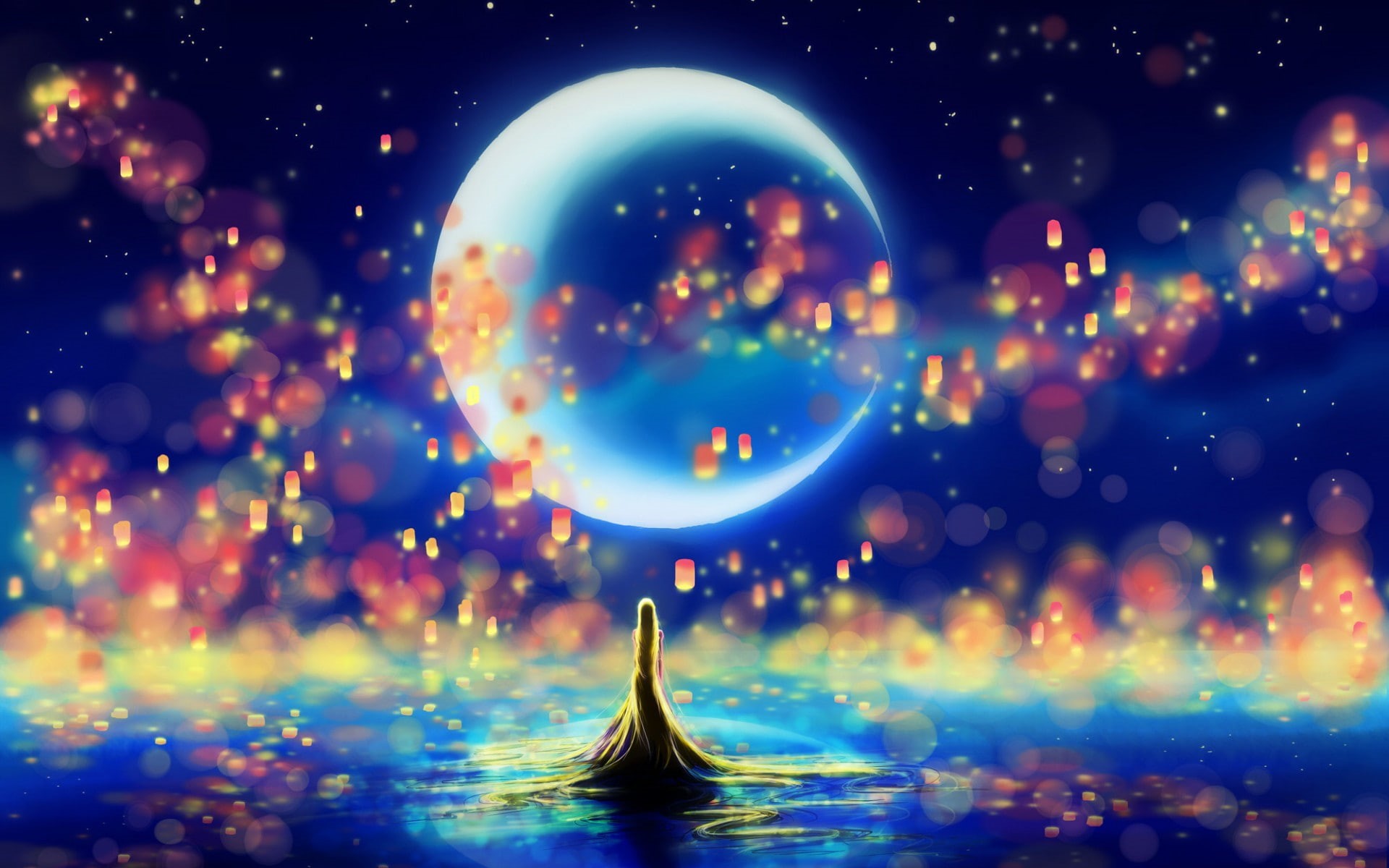art, moon, sky, prince, fan, princess, rapunzel, lamps, chibionpu, stars, silhouette, tangled, 1080P, lights, HD Wallpaper