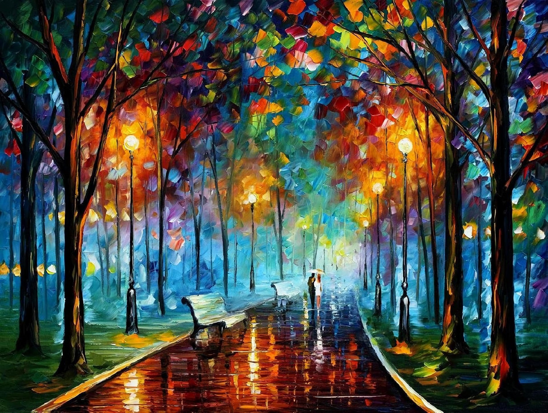 Painting, 1080P, Artistic, Impressionist, Park, Tree, Couple, HD Wallpaper