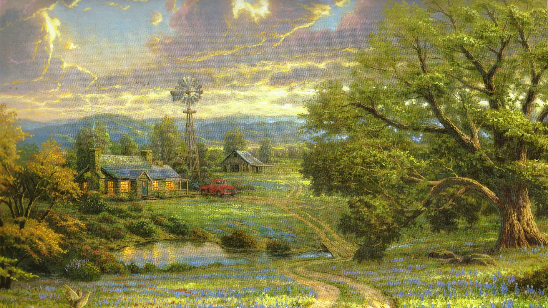 vegetation, painting art, pond, tranquil scene, tree, architecture, painting, house, lake, outdoors, sky, building exterior, nature, impressionist, landscape, HD Wallpaper