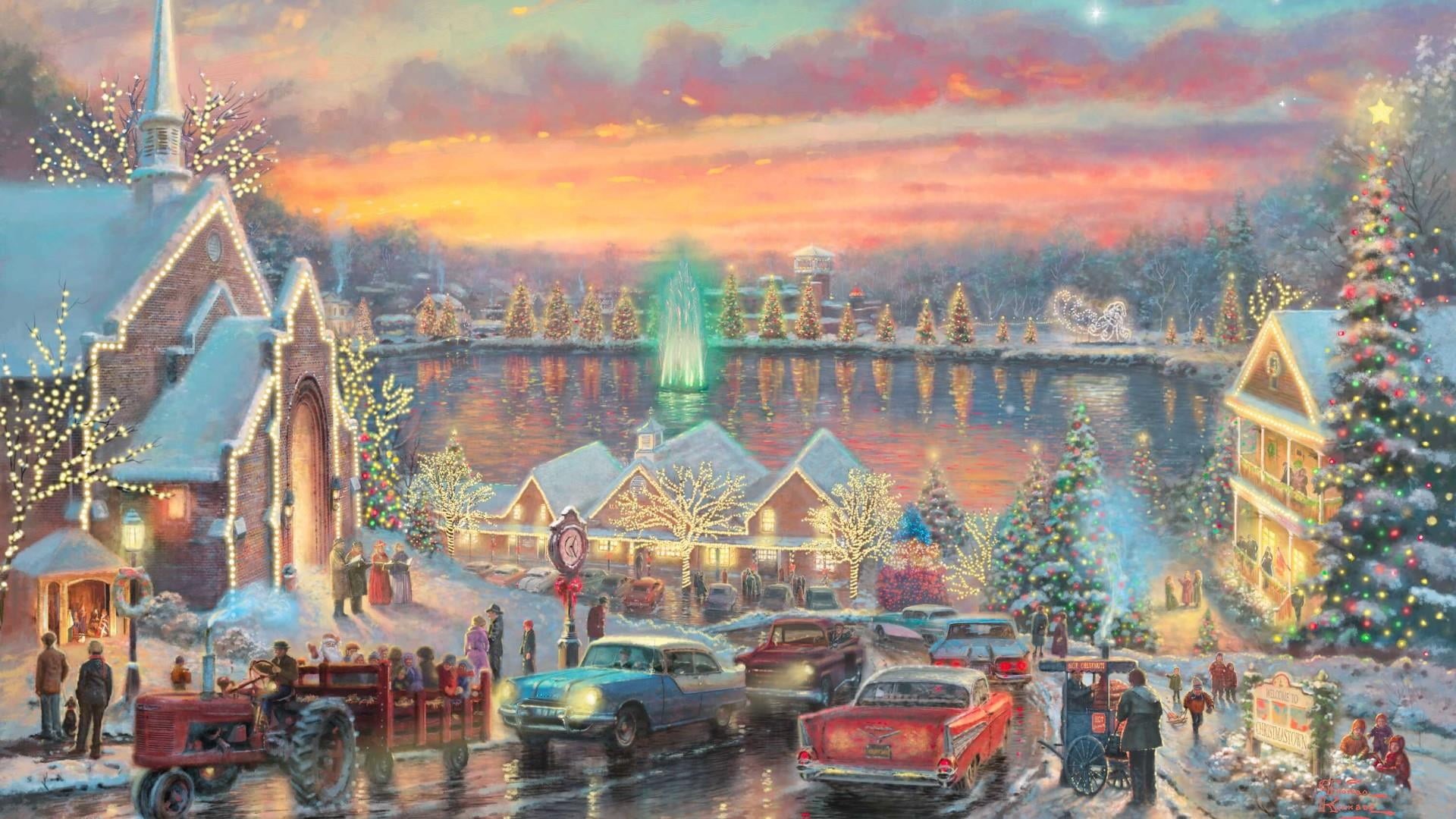 1080P, sky, building exterior, mode of transportation, nature, christmas day, incidental people, christmas tree, car, street, motor vehicle, painting art, HD Wallpaper