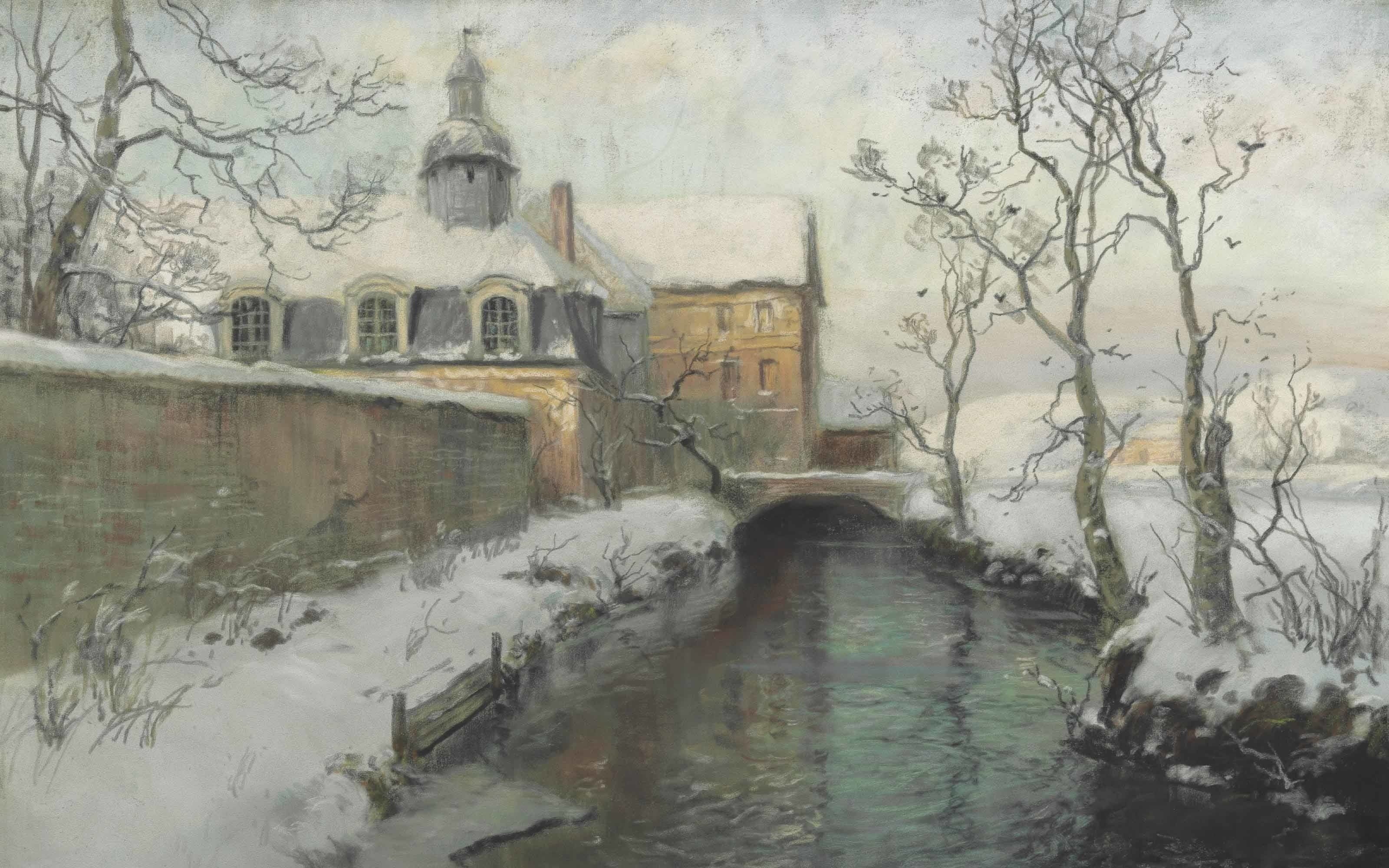 Norwegian landscape painter, Winter, Norwegian Impressionist painter, 2K, Frits Thaulov, Frits Thaulow, HD Wallpaper
