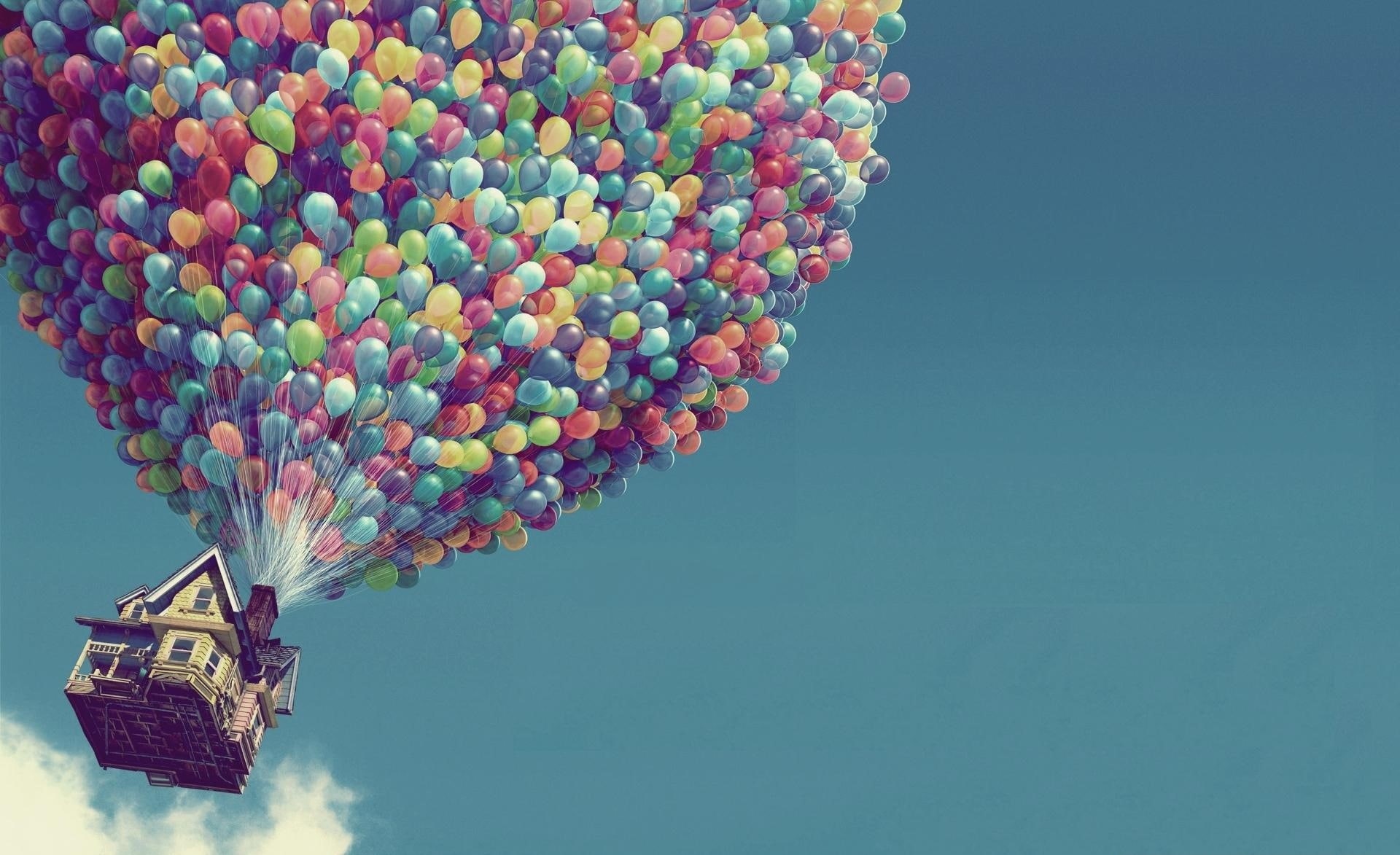 Up Movie, freedom, Up, outdoors, motion, low angle view, fun, screenshot, day, movie, House, still, copy space, Balloons, transportation, flying, sky, 1080P, HD Wallpaper