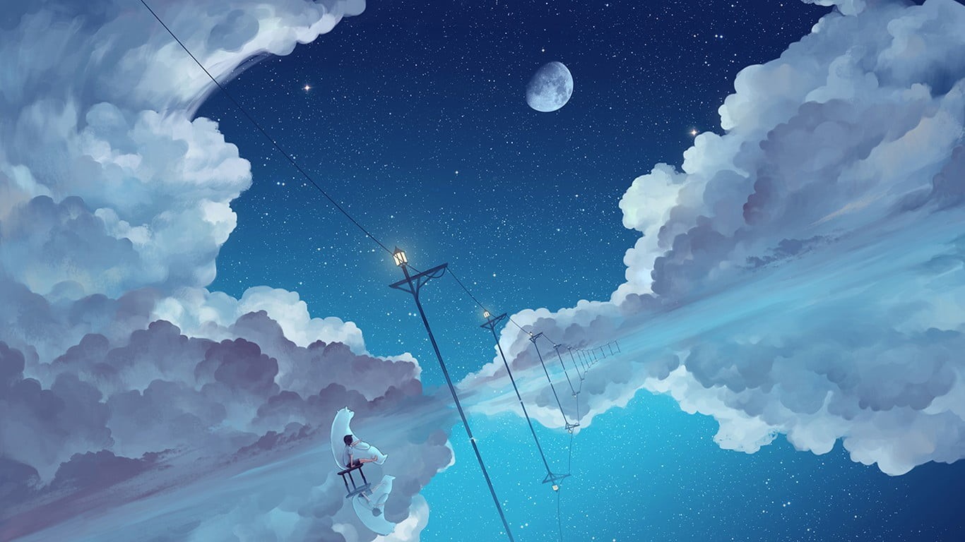 tranquil scene, anime girls, holding, day, scenics - nature, one person, tranquility, bears, anime, adventure, outdoors, clouds, cloud - sky, Moon, environment, HD Wallpaper