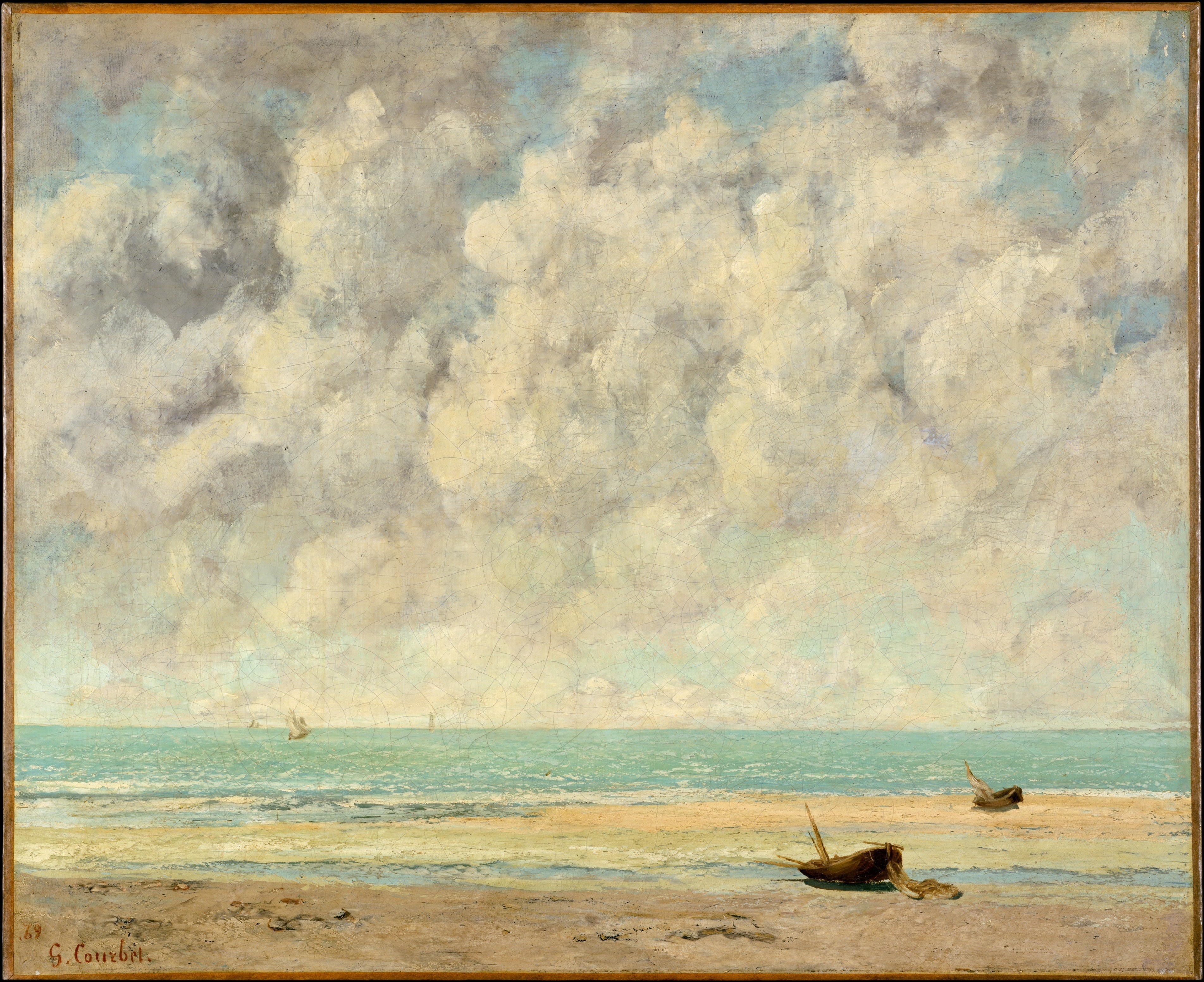 sea, transfer print, 2K, water, sand, horizon, classic art, land, tranquility, oil painting, sky, Gustave Courbet, nature, beauty in nature, beach, scenics - nature, HD Wallpaper