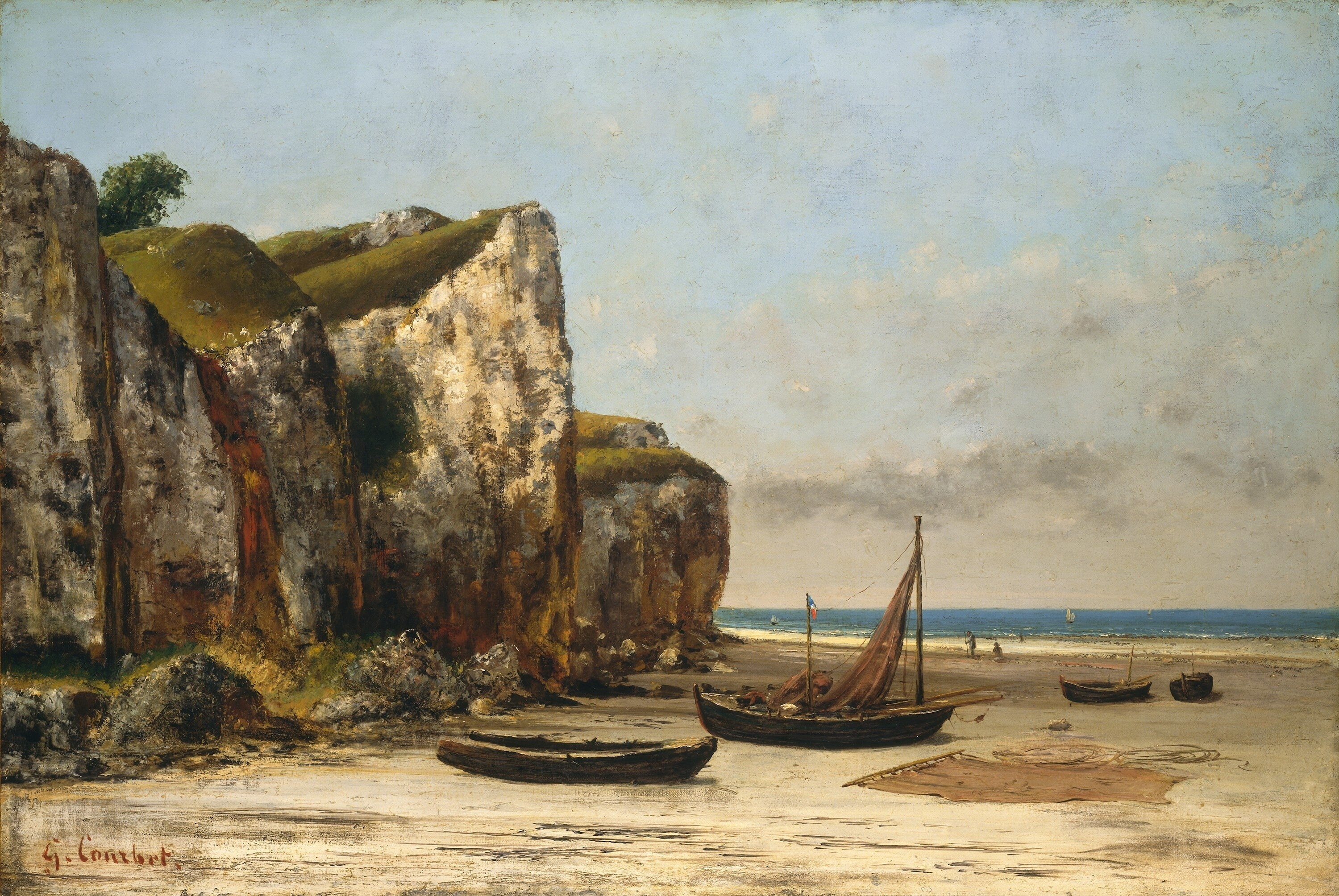 mode of transportation, sea, decline, damaged, deterioration, cloud - sky, classic art, sky, Gustave Courbet, land, water, nautical vessel, beach, day, HD Wallpaper