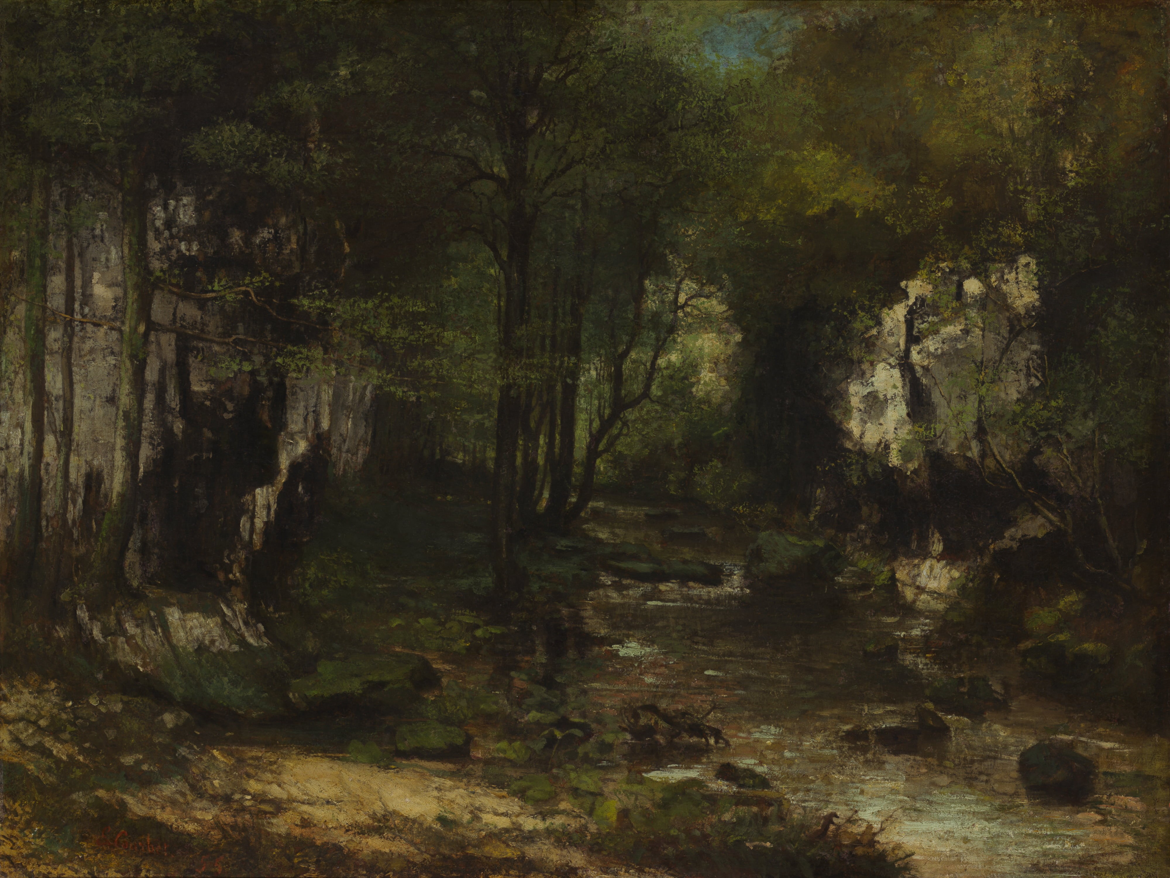 land, tranquil scene, environment, non-urban scene, classic art, day, footpath, 4K, water, woodland, growth, tranquility, Gustave Courbet, landscape, oil painting, HD Wallpaper