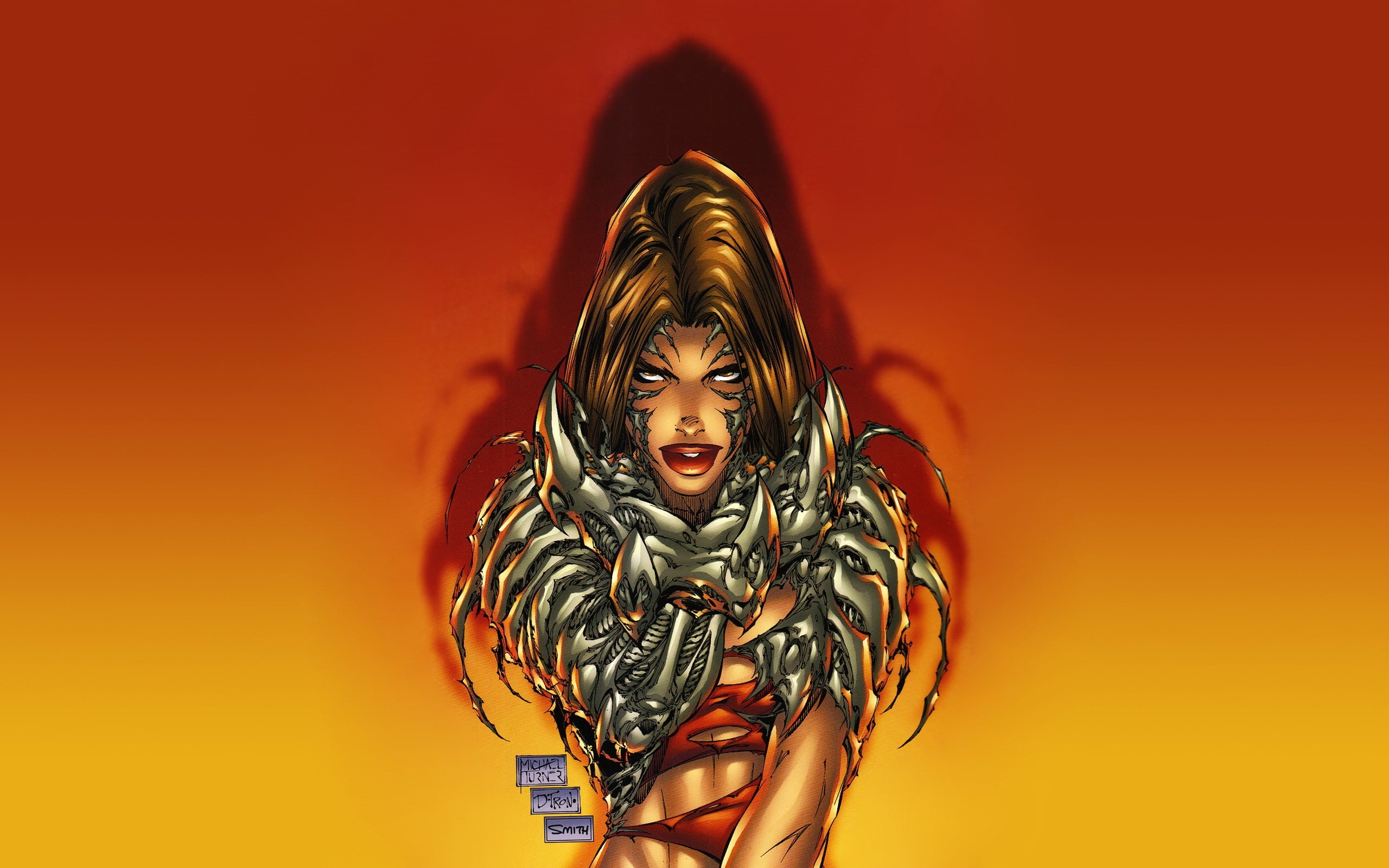 colored background, comics, one person, body paint, 2K, Sara Pezzini, gradient, front view, human body part, red, standing, studio shot, waist up, Top Cow, HD Wallpaper