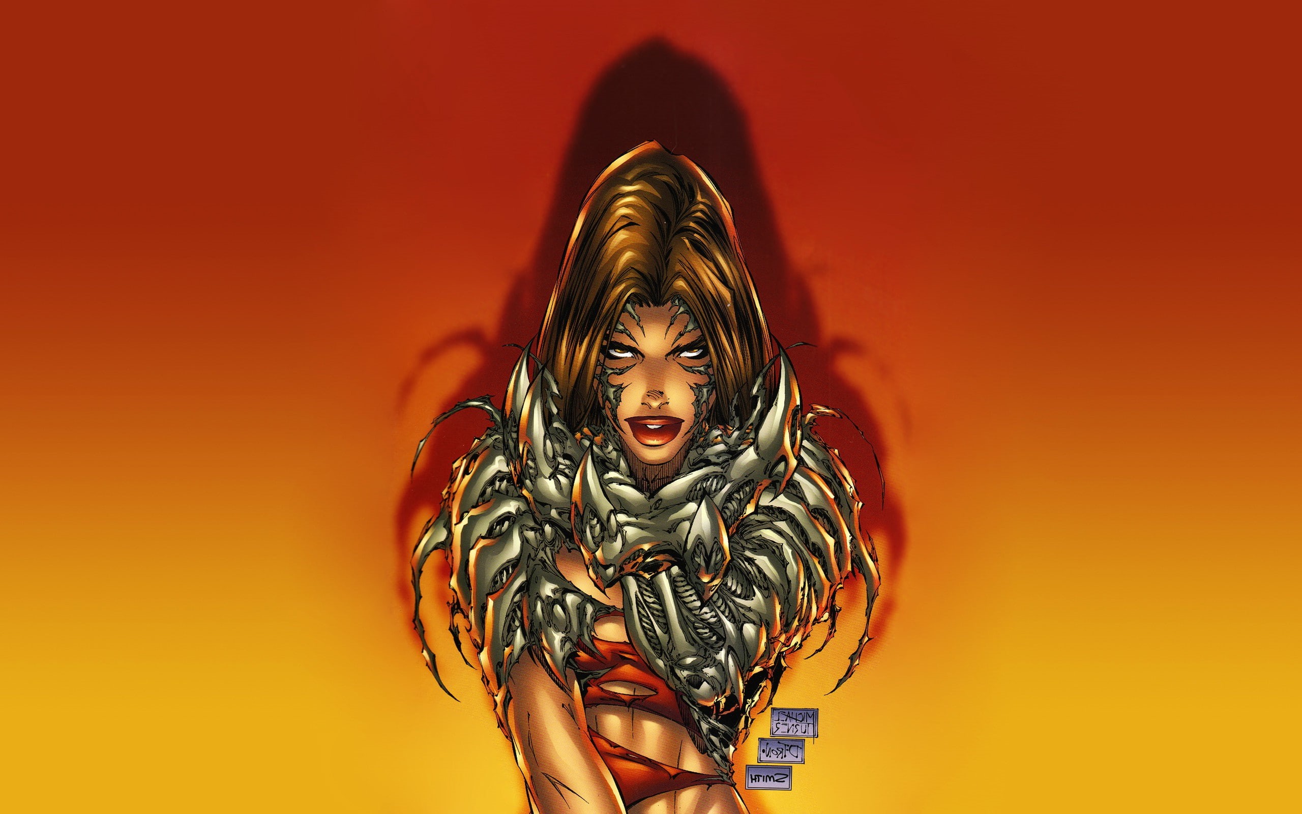 waist up, hair, beautiful woman, women, Michael Turner, front view, indoors, hairstyle, multi colored, comics, portrait, red, studio shot, three quarter length, HD Wallpaper
