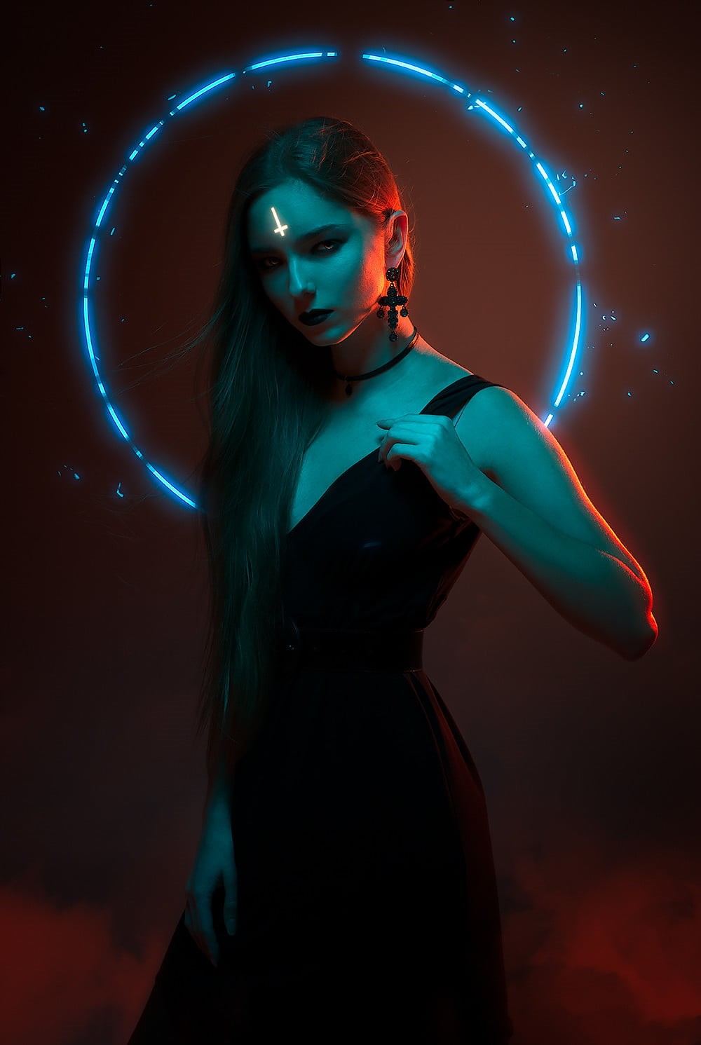 three quarter length, hairstyle, one person, astrology, studio shot, neon, beautiful woman, illuminated, futuristic, young adult, indoors, blue, 720P, Phone HD Wallpaper