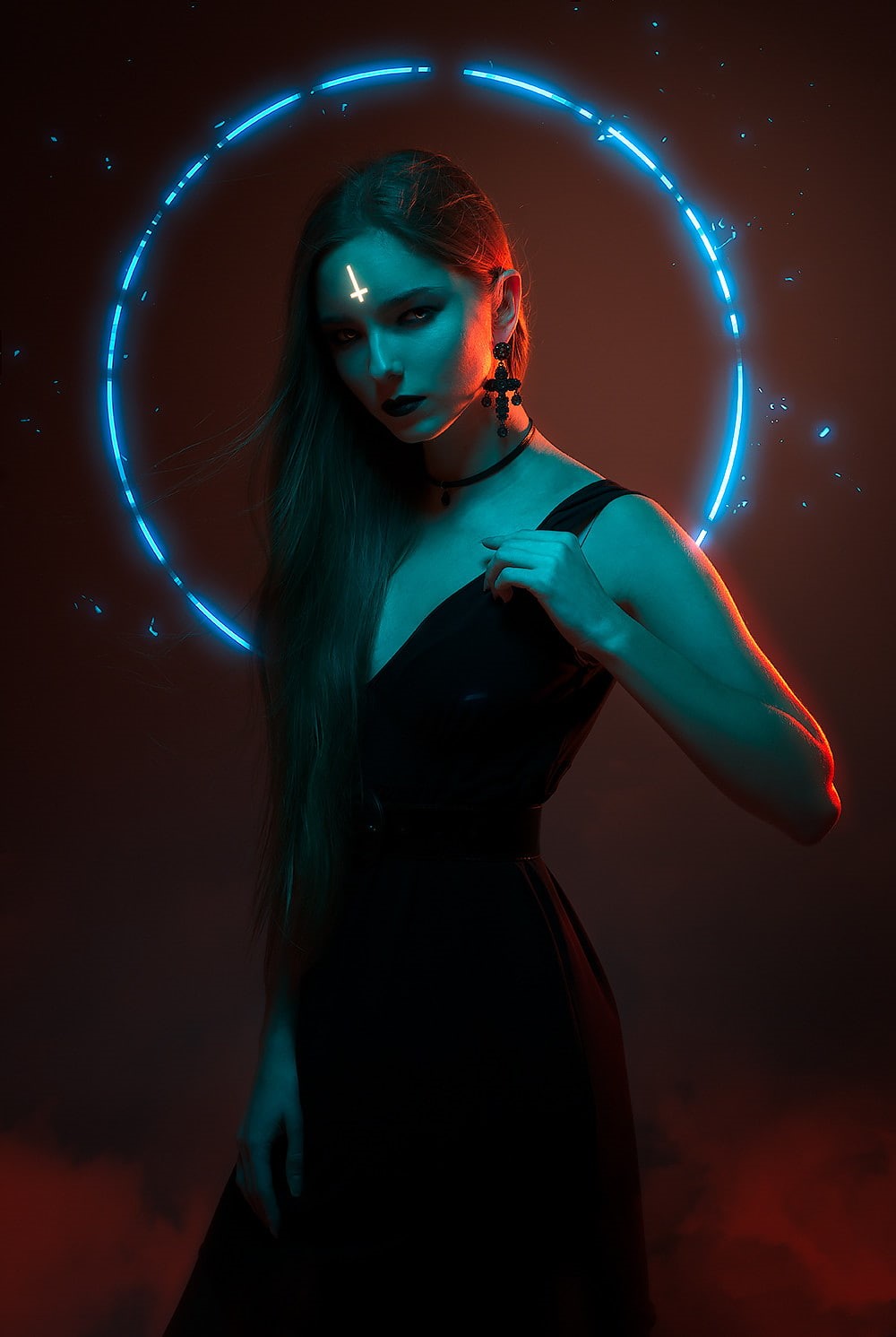women, Sergey Shetukhin, dress, circle, brunette, mist, dark, neon, 720P, Phone HD Wallpaper
