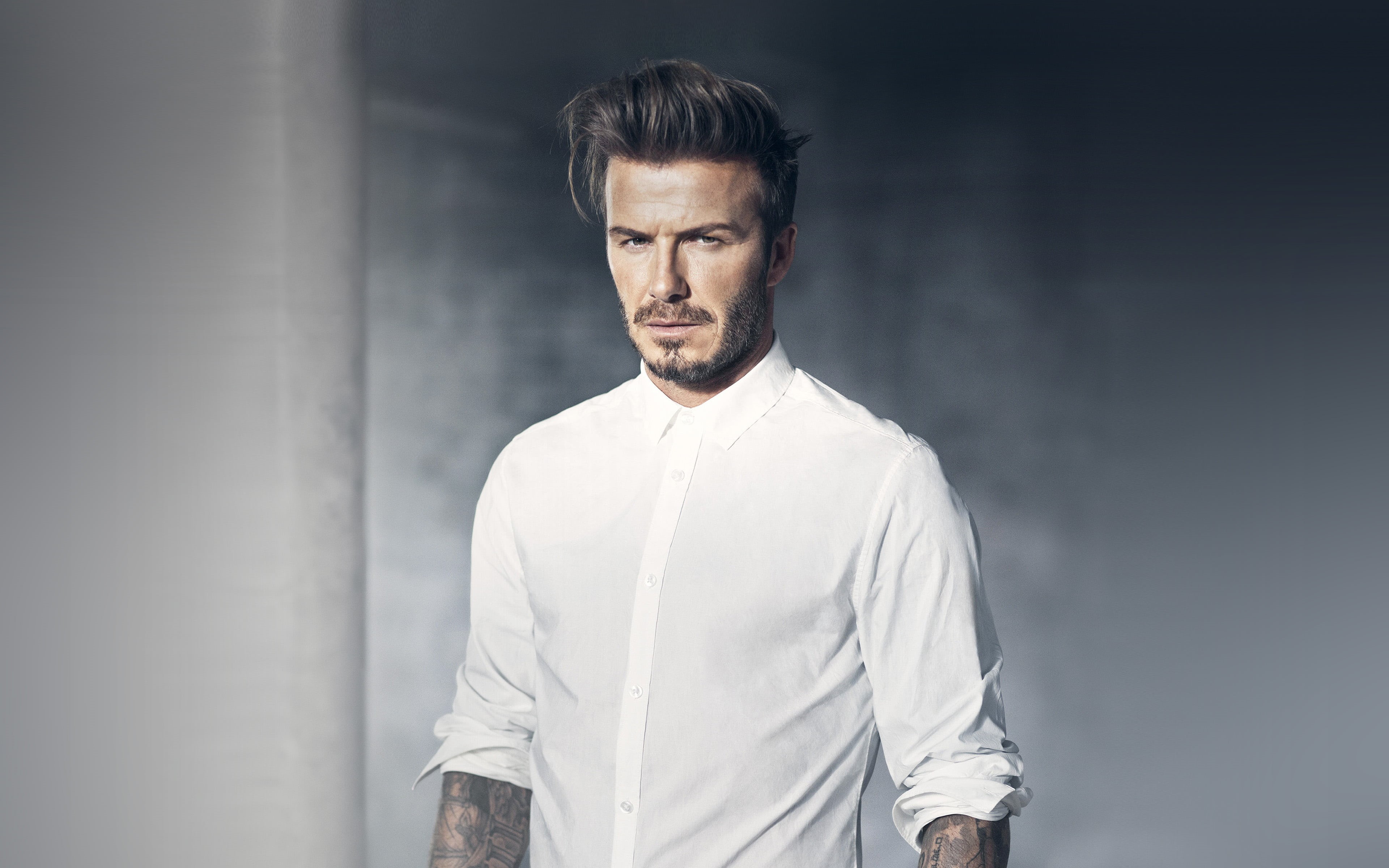 portrait, menswear, white color, handsome, studio shot, front view, david, adult, confidence, standing, model, button down shirt, waist up, beard, looking at camera, HD Wallpaper