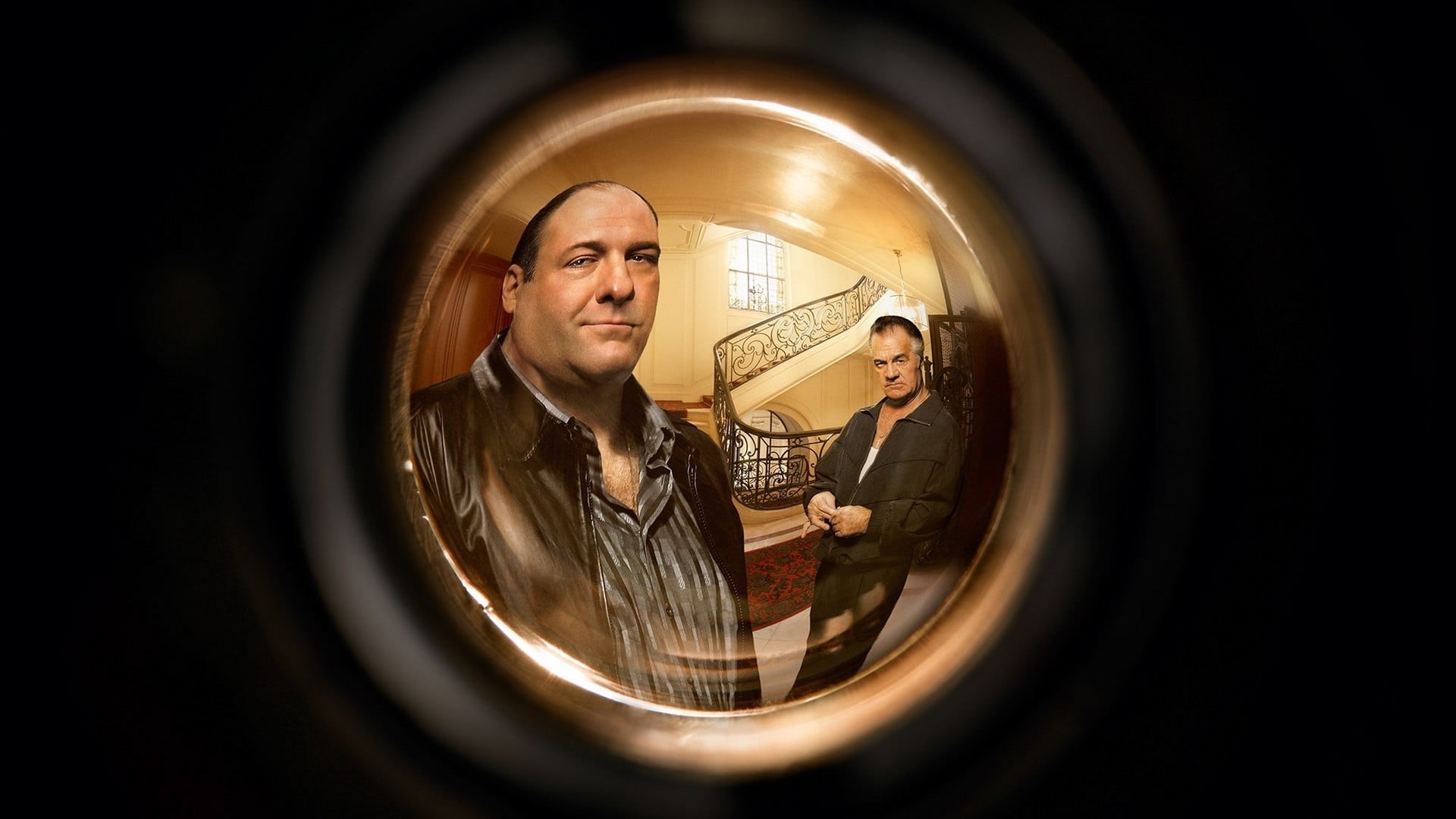 circle, jacket, geometric shape, The Sopranos, TV, black, mature adult, standing, shape, two people, s, technology, mirror, gold colored, 1080P, males, HD Wallpaper
