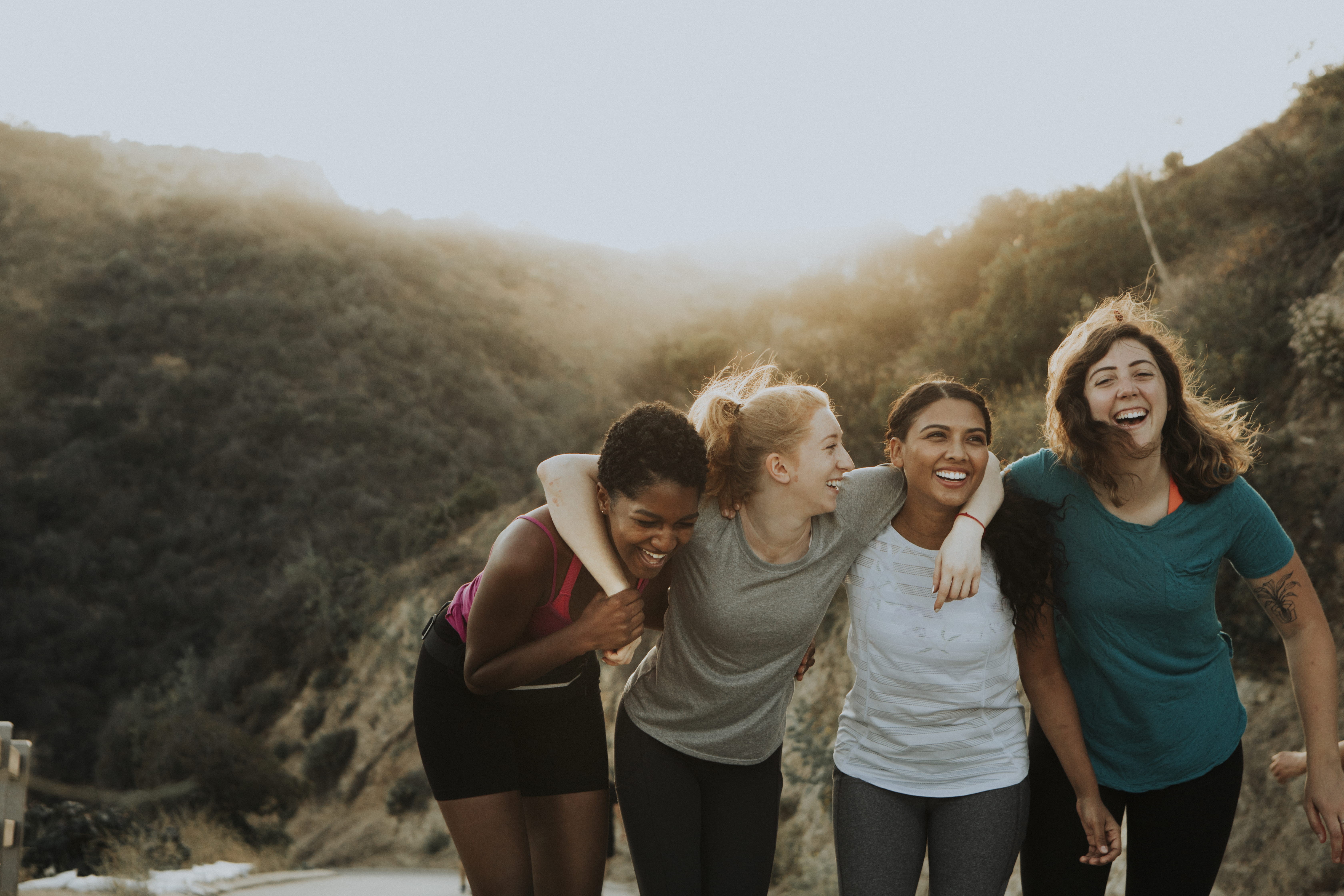 females, smiling, leisure activity, healthy, mountains, arm around, real people, teenager, young men, sporty, young adult, wear, bonding, women, daylight, HD Wallpaper