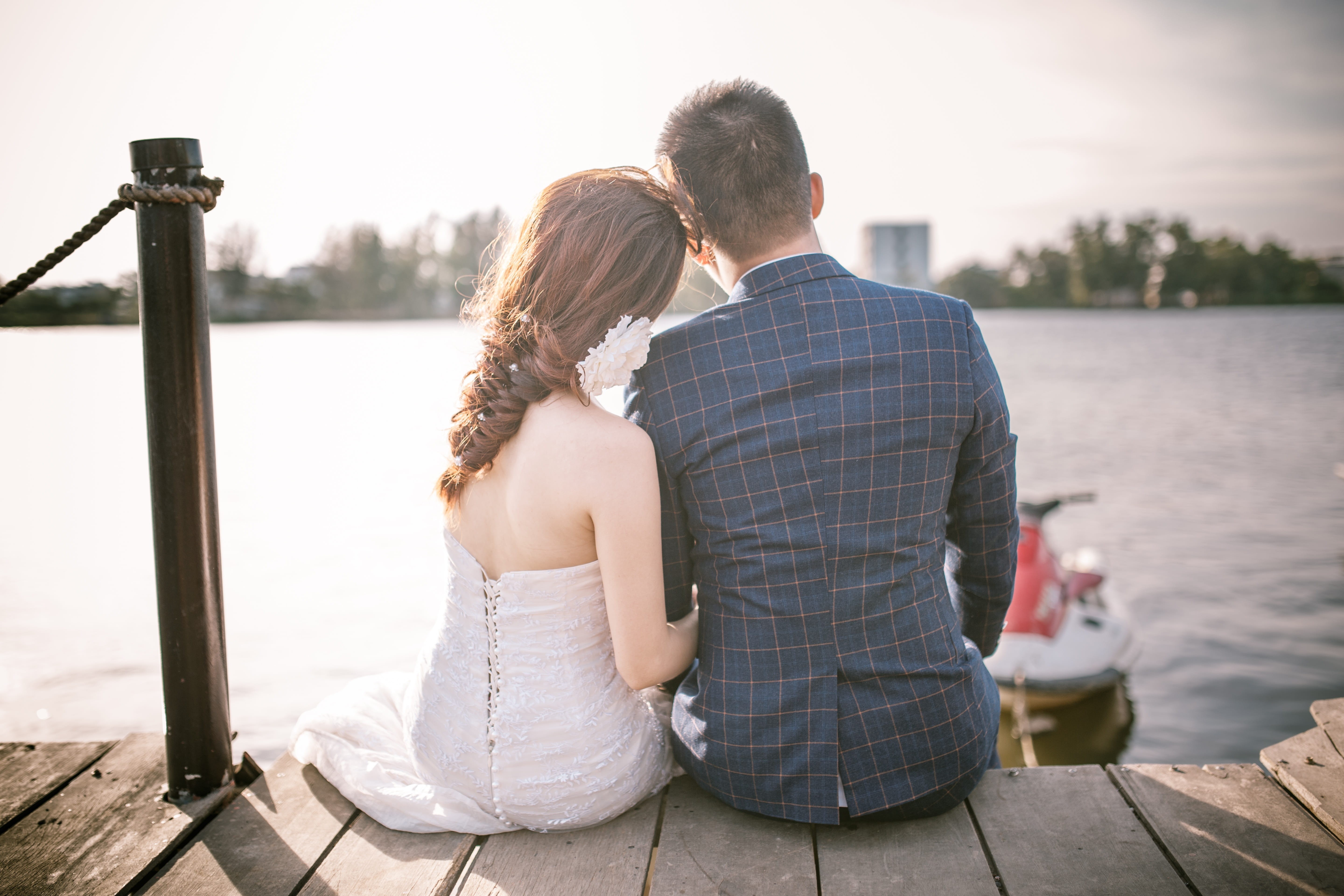 water, female, women, woman, beach, groom, couple - relationship, sea, emotion, leisure activity, nature, wedding, portrait, seashore, sitting, two people, HD Wallpaper