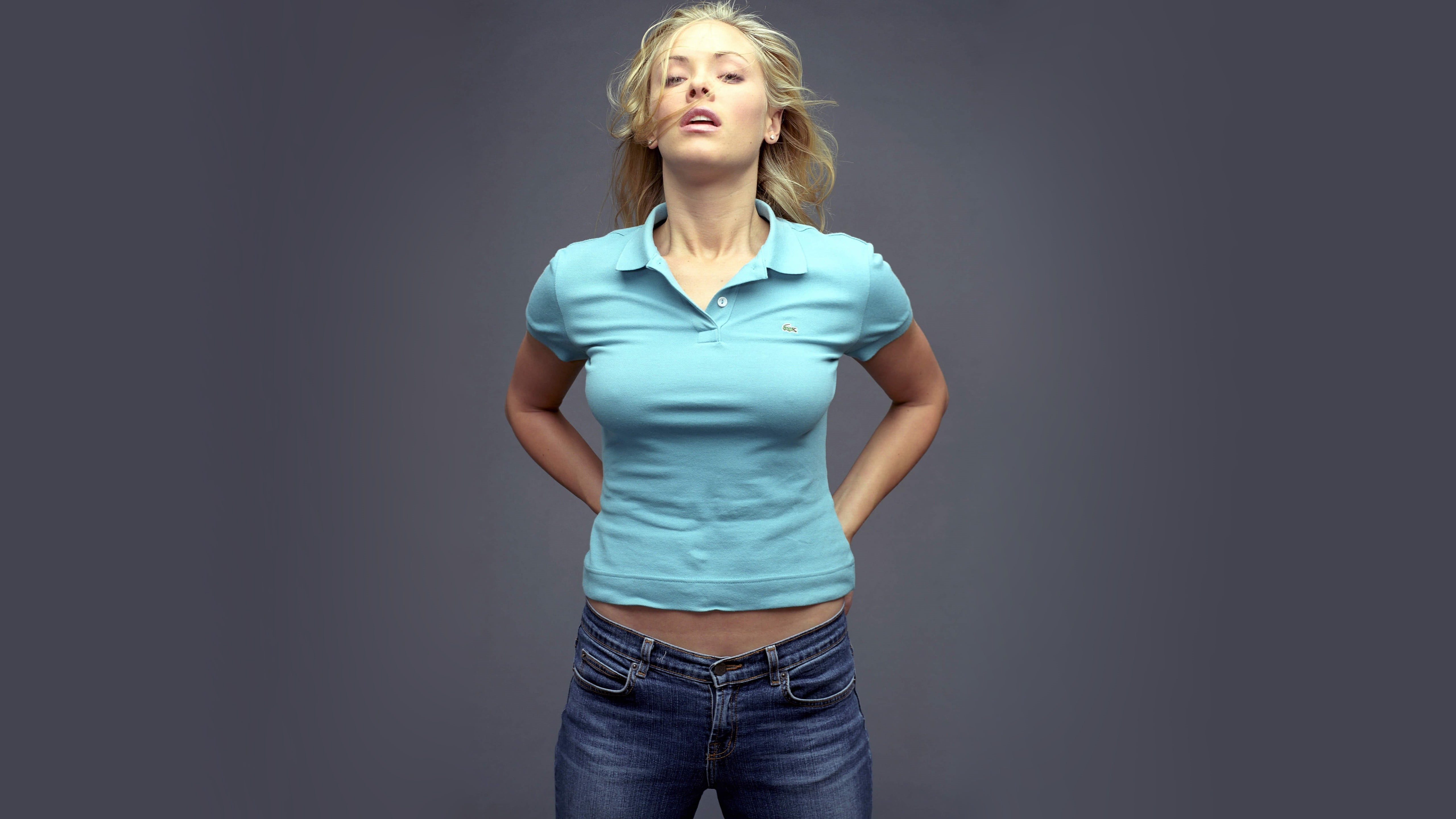 studio shot, shirt, hairstyle, Kristanna Loken, portrait, standing, blue, 5K, jeans, blonde, three quarter length, beautiful woman, actress, casual clothing, HD Wallpaper