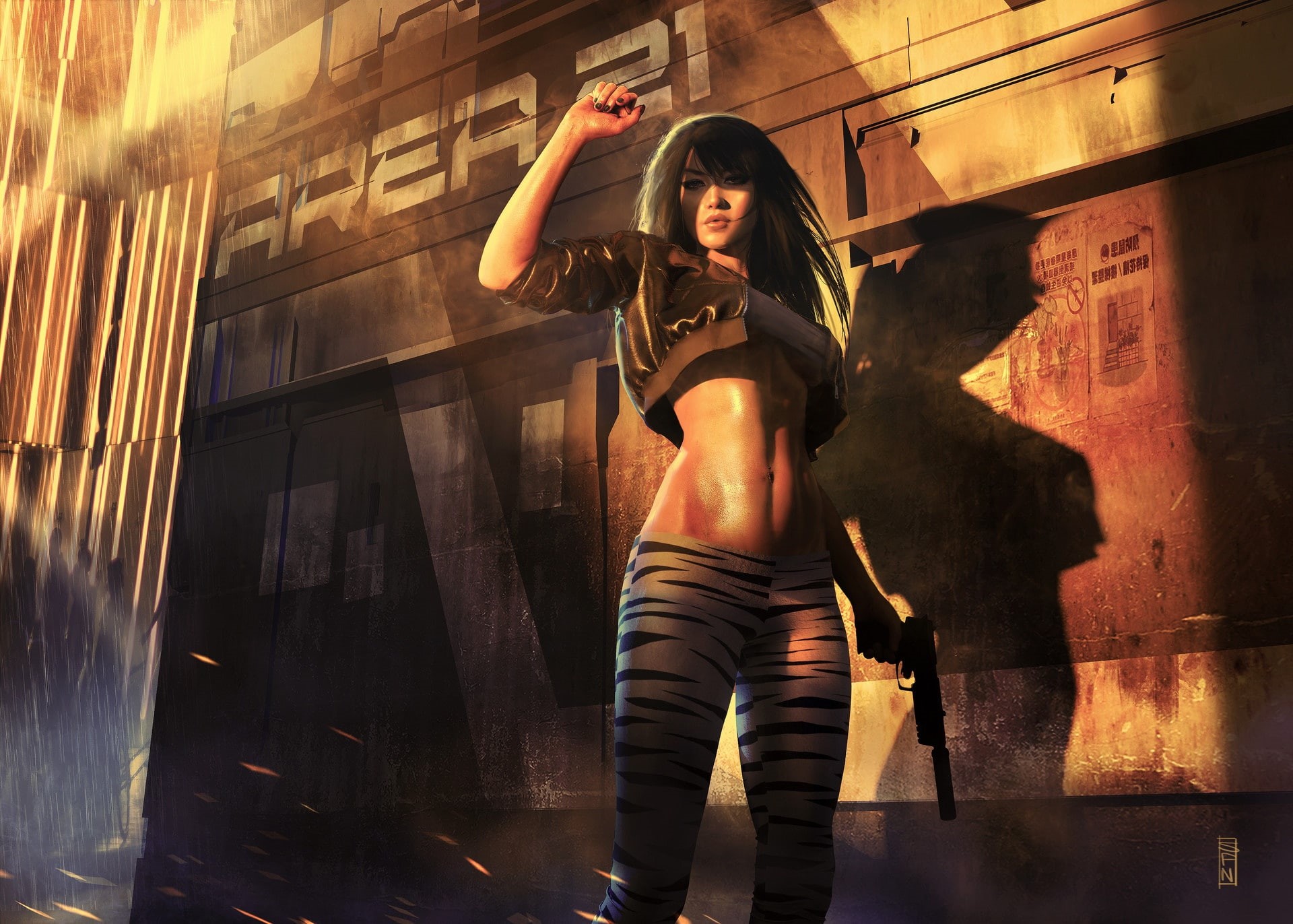 light, sci-fi, press, girl, look, pose, weapons, 1080P, hair, fiction, HD Wallpaper