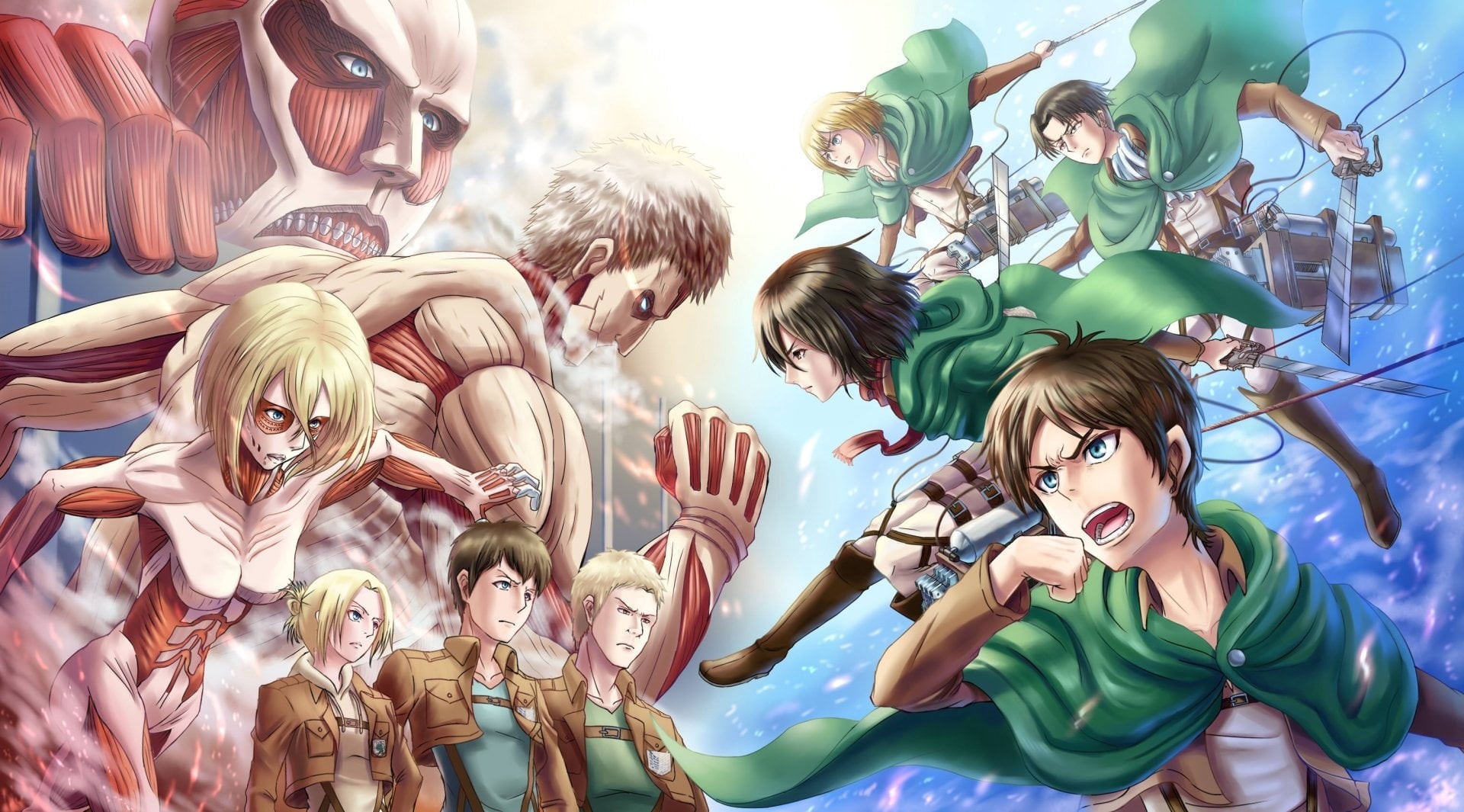 women, adult, enjoyment, digital, 1080P, day, young women, Armin Arlert, Bertolt Hoover, large group of people, Armored Titan, crowd, Levi Ackerman, Anime, HD Wallpaper