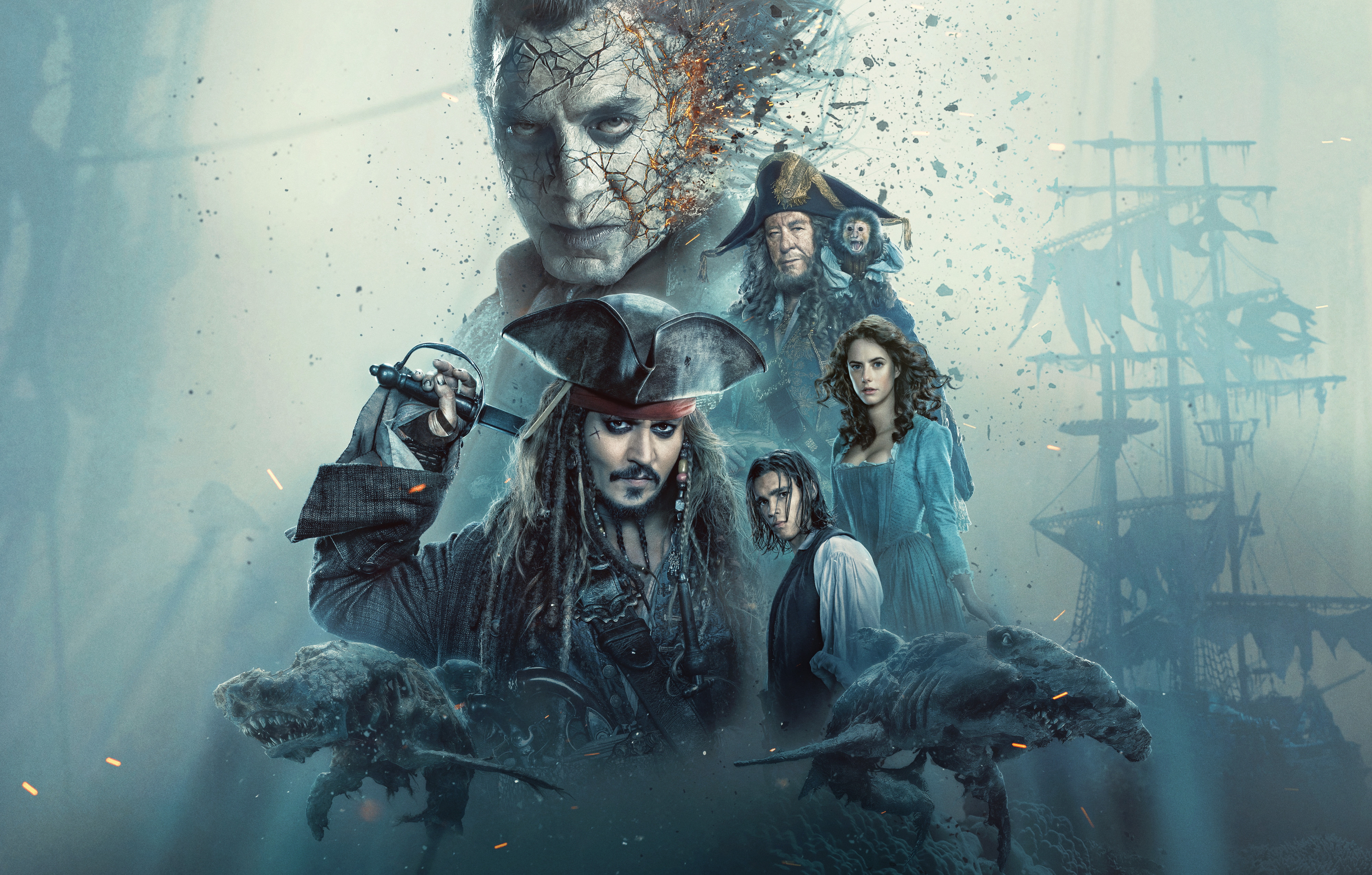 Javier Bardem, Movie, Henry Turner, Geoffrey Rush, Kaya Scodelario, Carina Smyth, Brenton Thwaites, 8K, Captain Salazar, Jack Sparrow, Johnny Depp, Pirates Of The Caribbean: Dead Men Tell No Tales, HD Wallpaper
